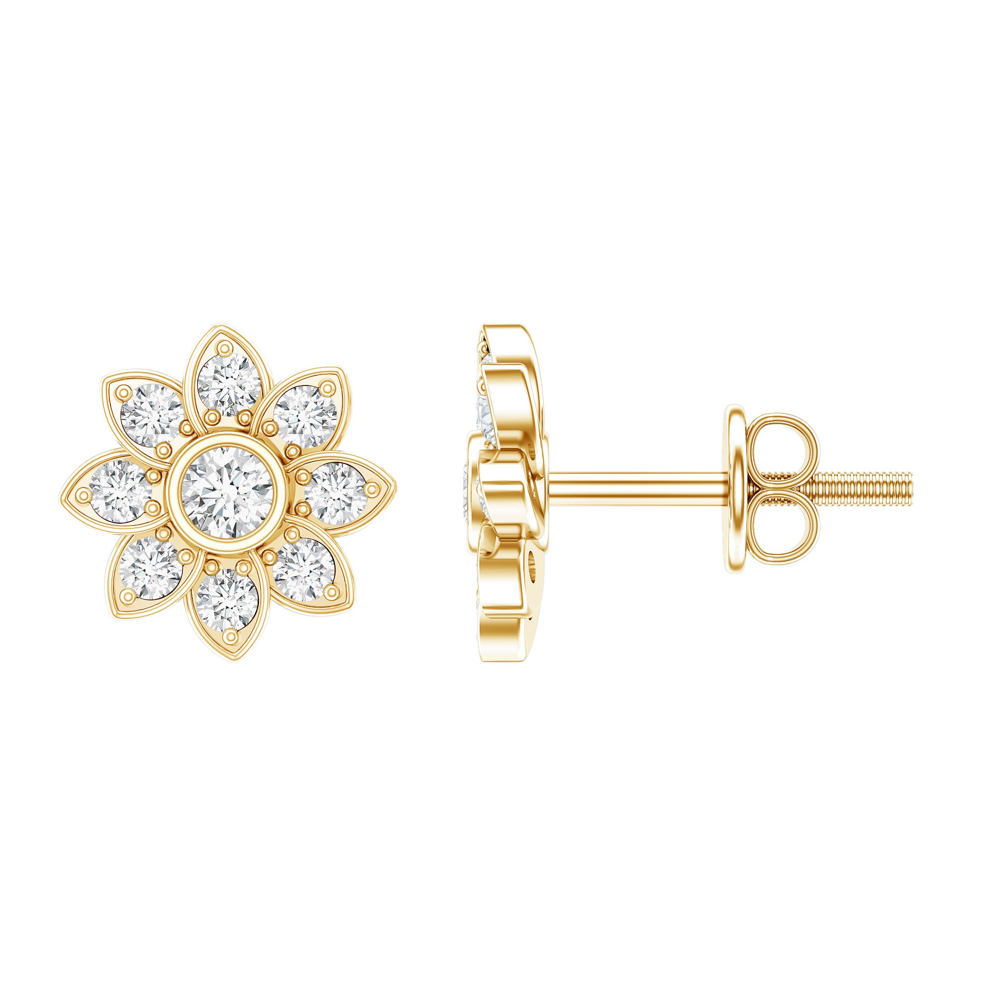 Diamond Flower Stud Earrings With Screw Back Natural - ( HI-SI ) - Rosec Jewels