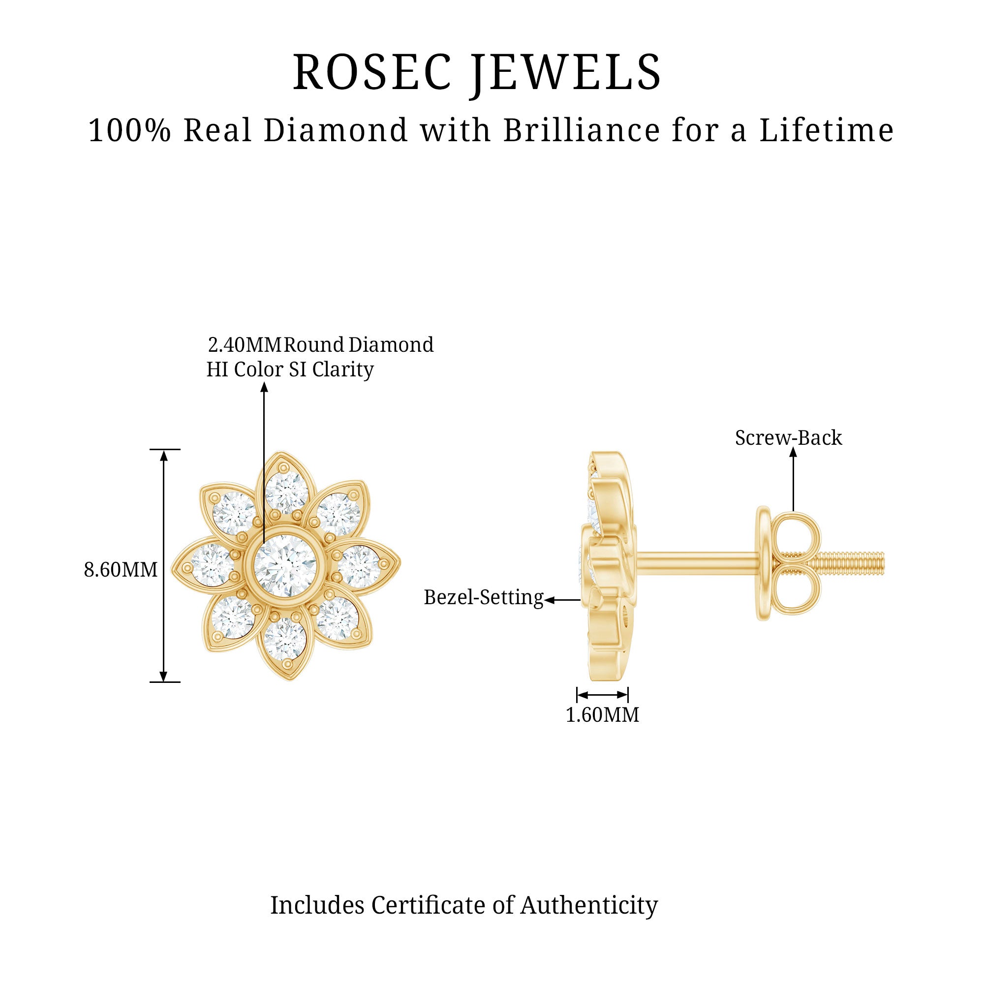 Diamond Flower Stud Earrings With Screw Back Natural - ( HI-SI ) - Rosec Jewels