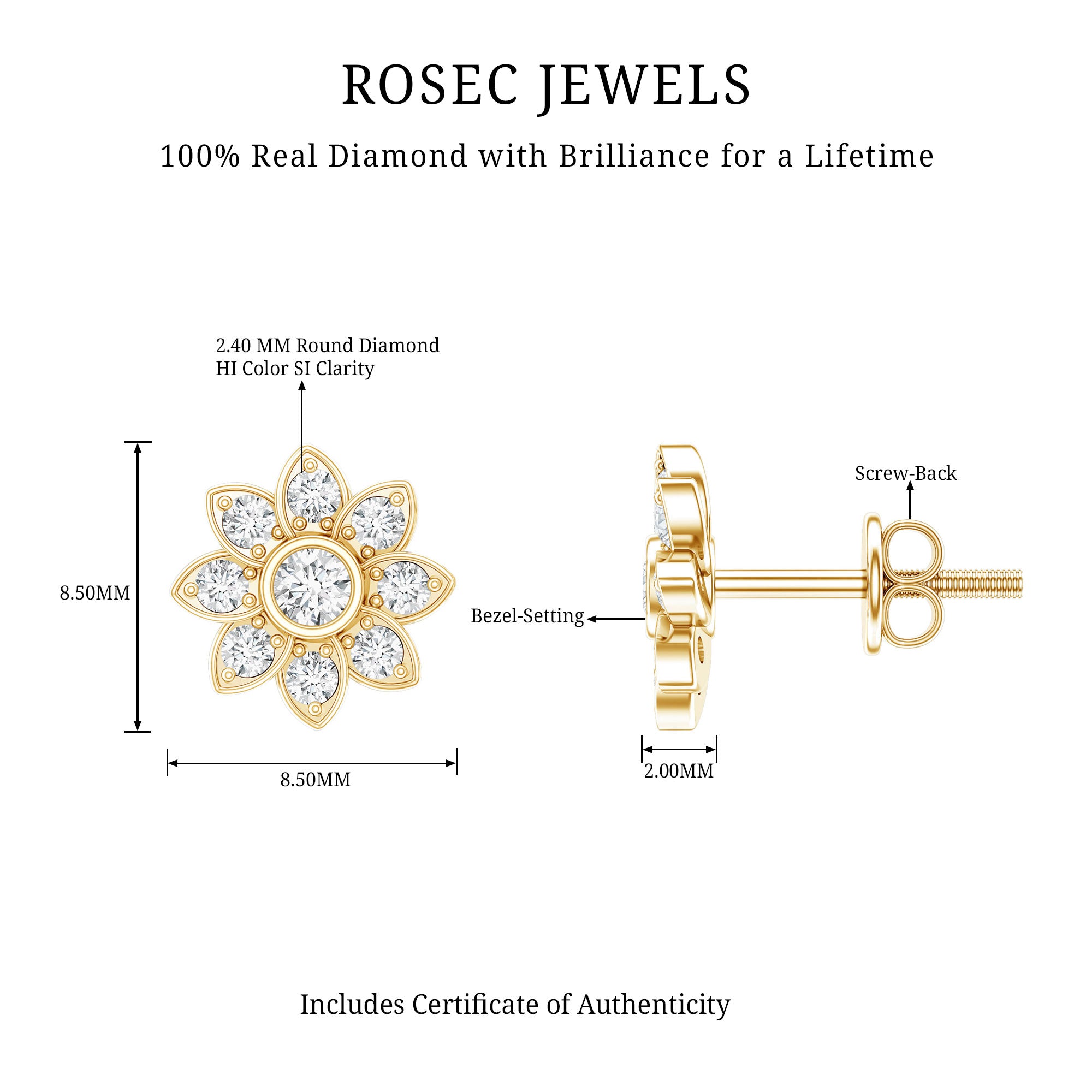 Diamond Flower Stud Earrings With Screw Back Natural - ( HI-SI ) - Rosec Jewels