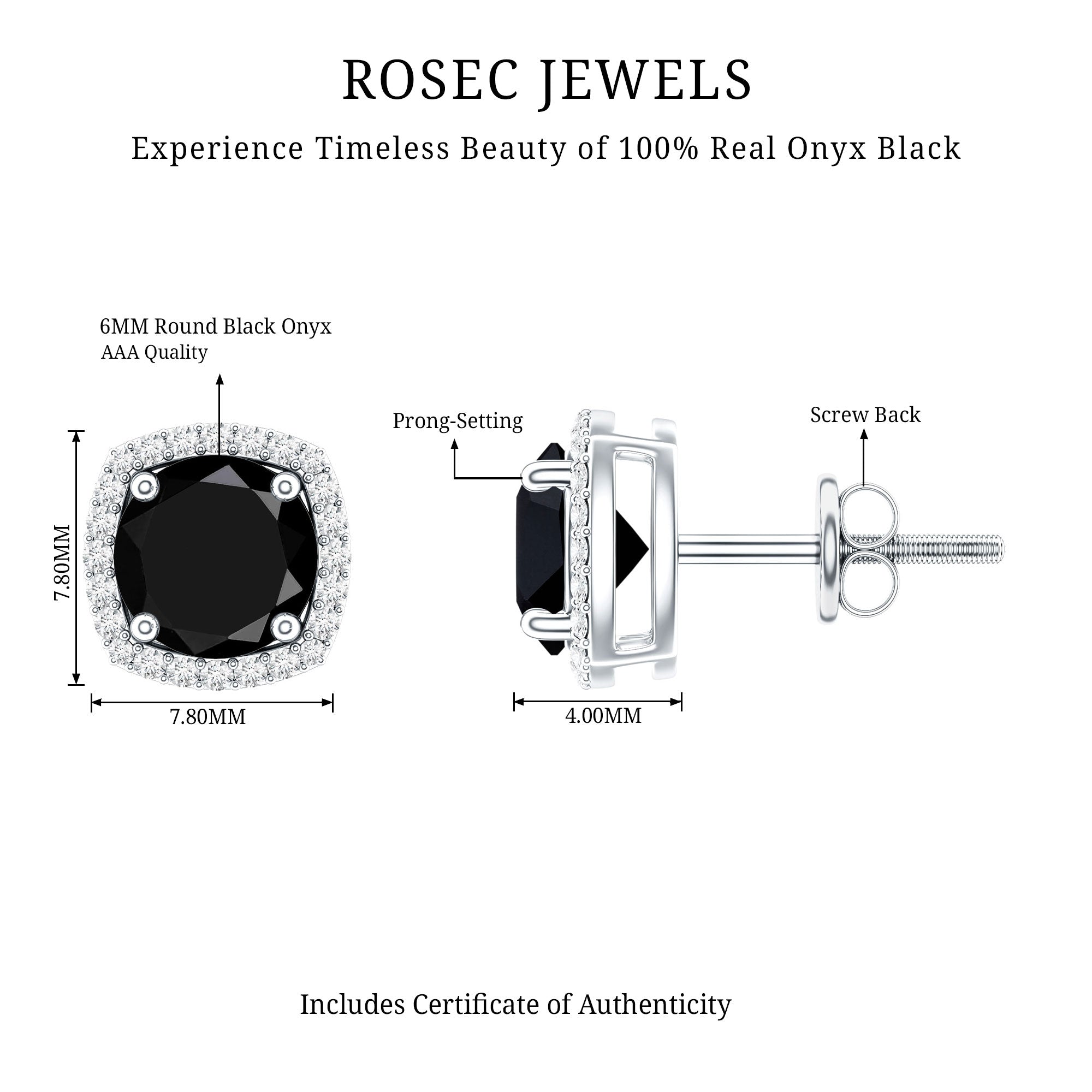 Vintage Black Onyx Stud Earrings with Diamond Halo AAA - Rosec Jewels