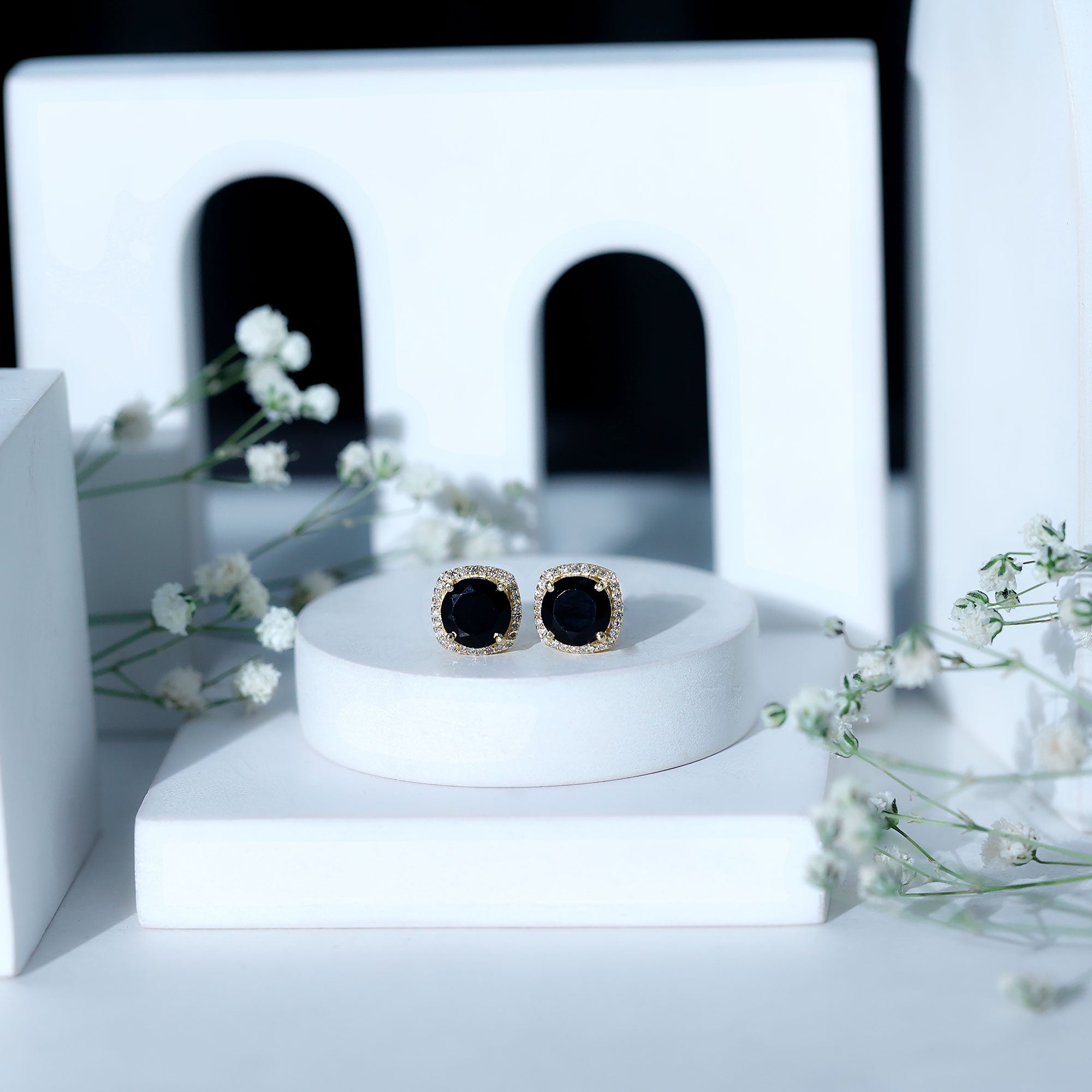 Vintage Black Onyx Stud Earrings with Diamond Halo AAA - Rosec Jewels