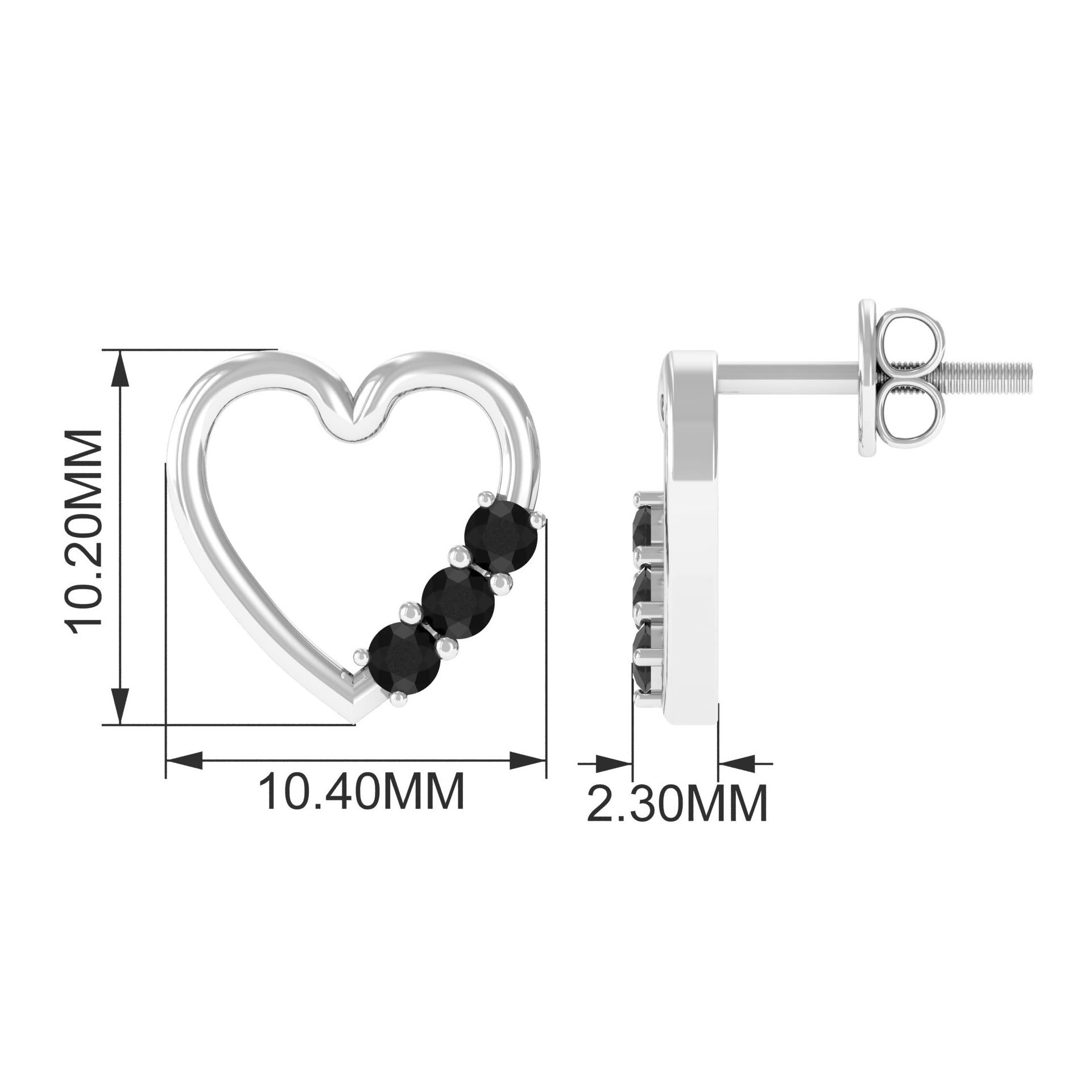 Open Heart Stud Earrings with 3 Lab Created Black Diamonds AAAA ( Synthetic ) - Rosec Jewels
