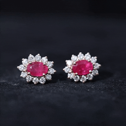 2 CT Oval Cut Ruby and Diamond Starburst Stud Earrings Ruby - ( AAA ) - Quality - Rosec Jewels