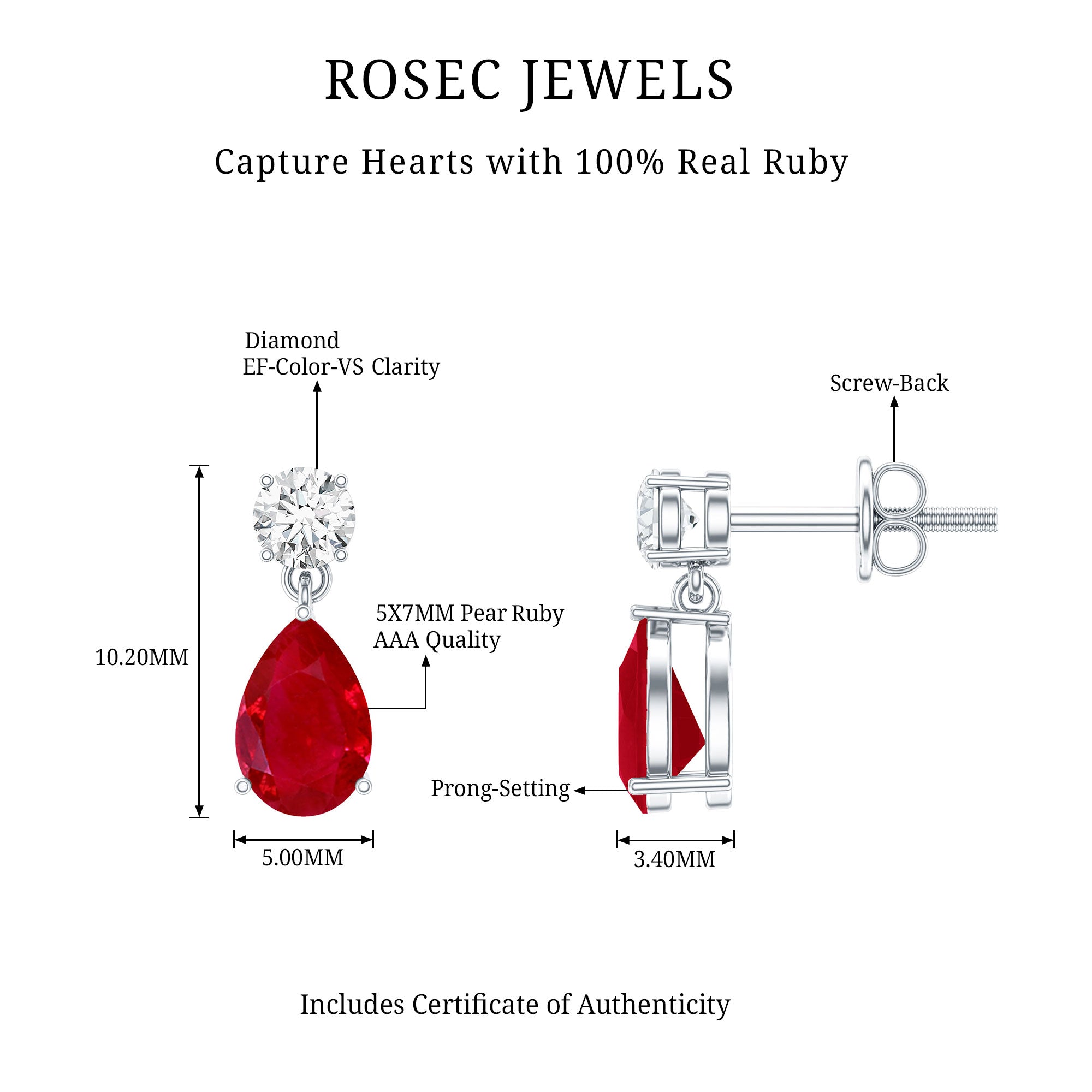Natural Ruby Teardrop Drop Earrings with Lab Grown Diamond AAA - Rosec Jewels