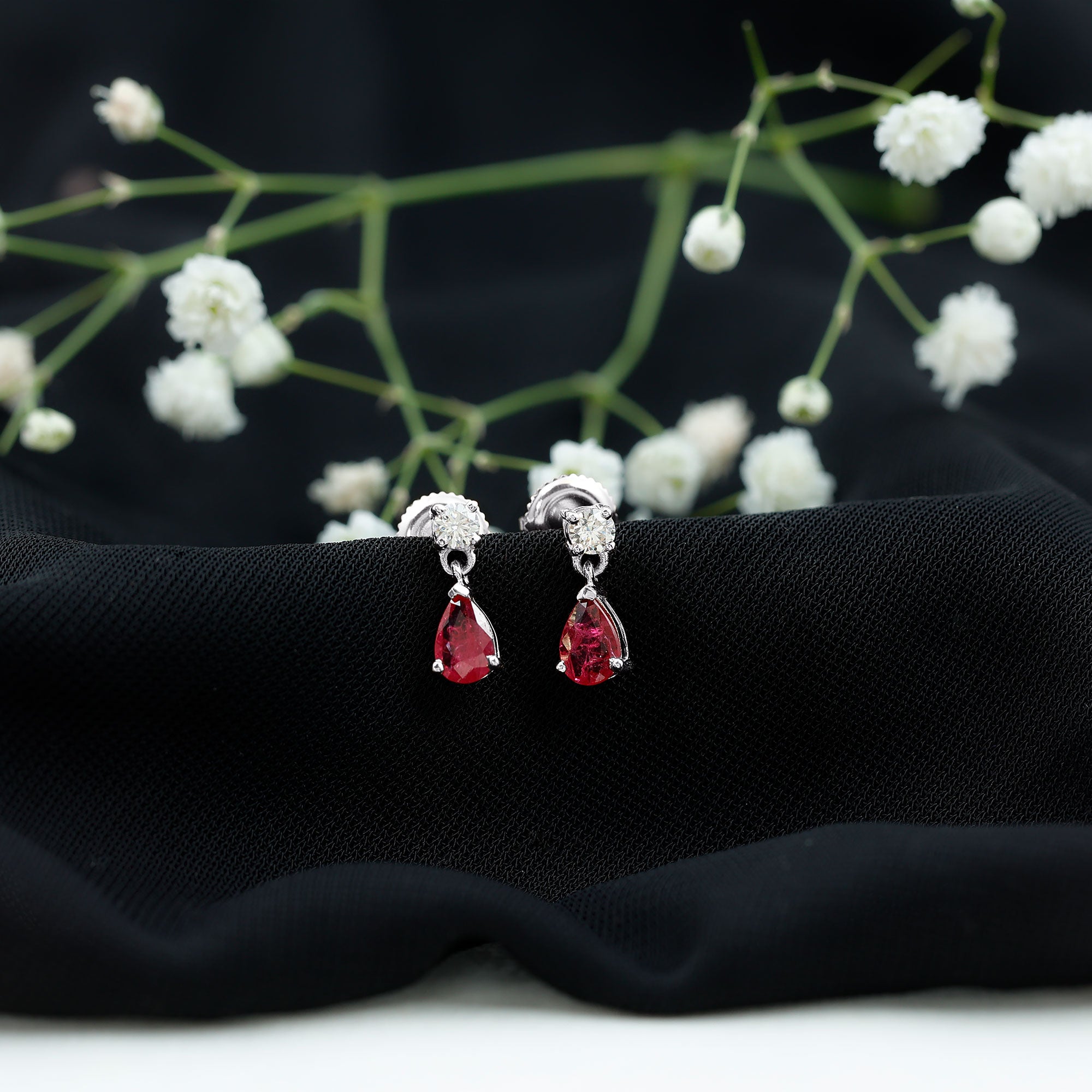 Natural Ruby Teardrop Drop Earrings with Lab Grown Diamond AAA - Rosec Jewels