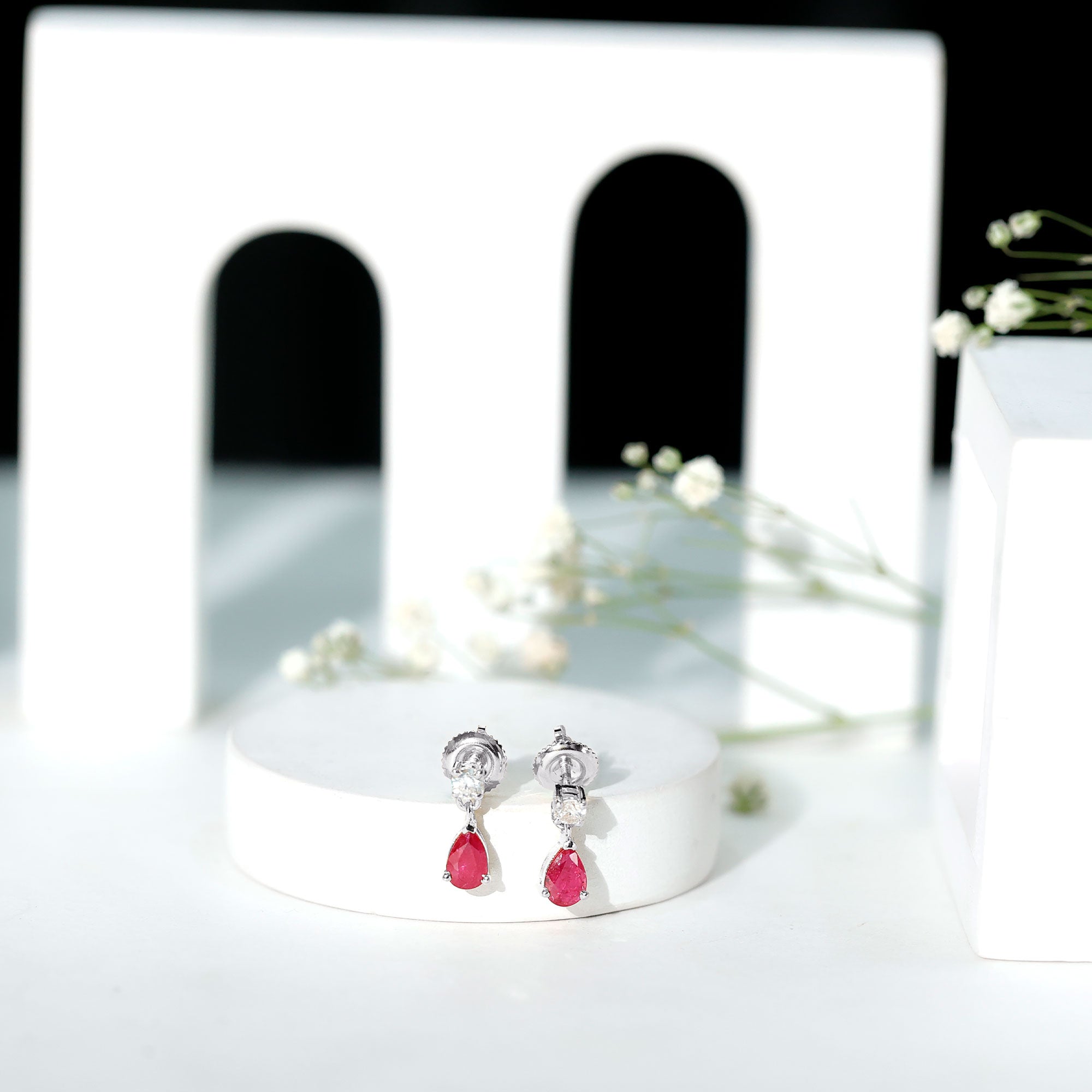 Natural Ruby Teardrop Drop Earrings with Lab Grown Diamond AAA - Rosec Jewels