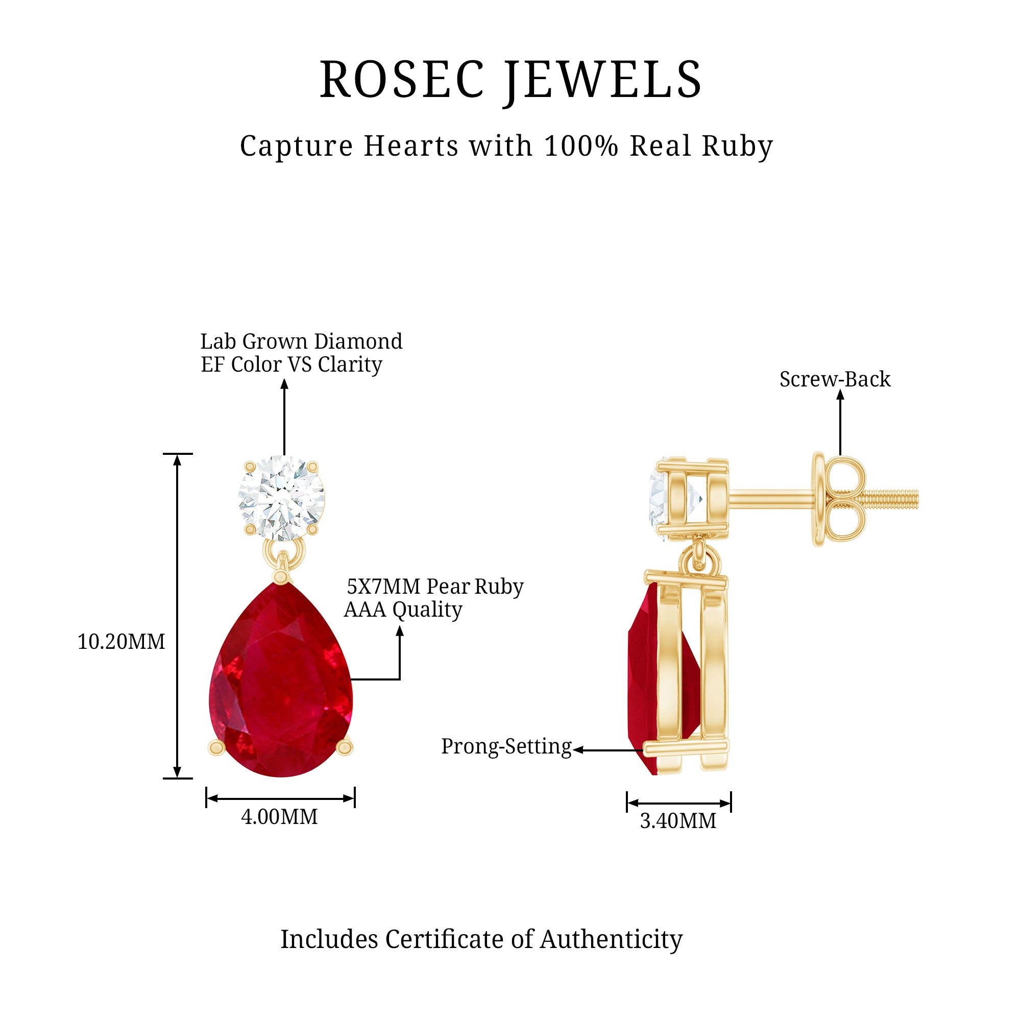 Natural Ruby Teardrop Drop Earrings with Lab Grown Diamond AAA - Rosec Jewels