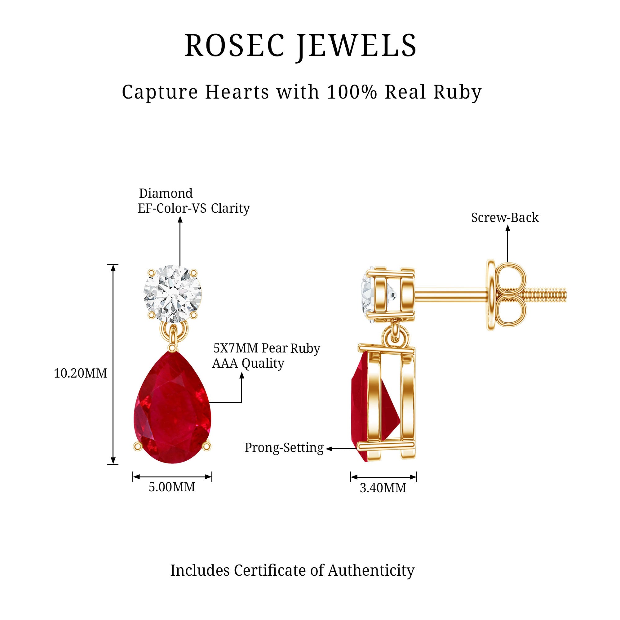 Natural Ruby Teardrop Drop Earrings with Lab Grown Diamond AAA - Rosec Jewels