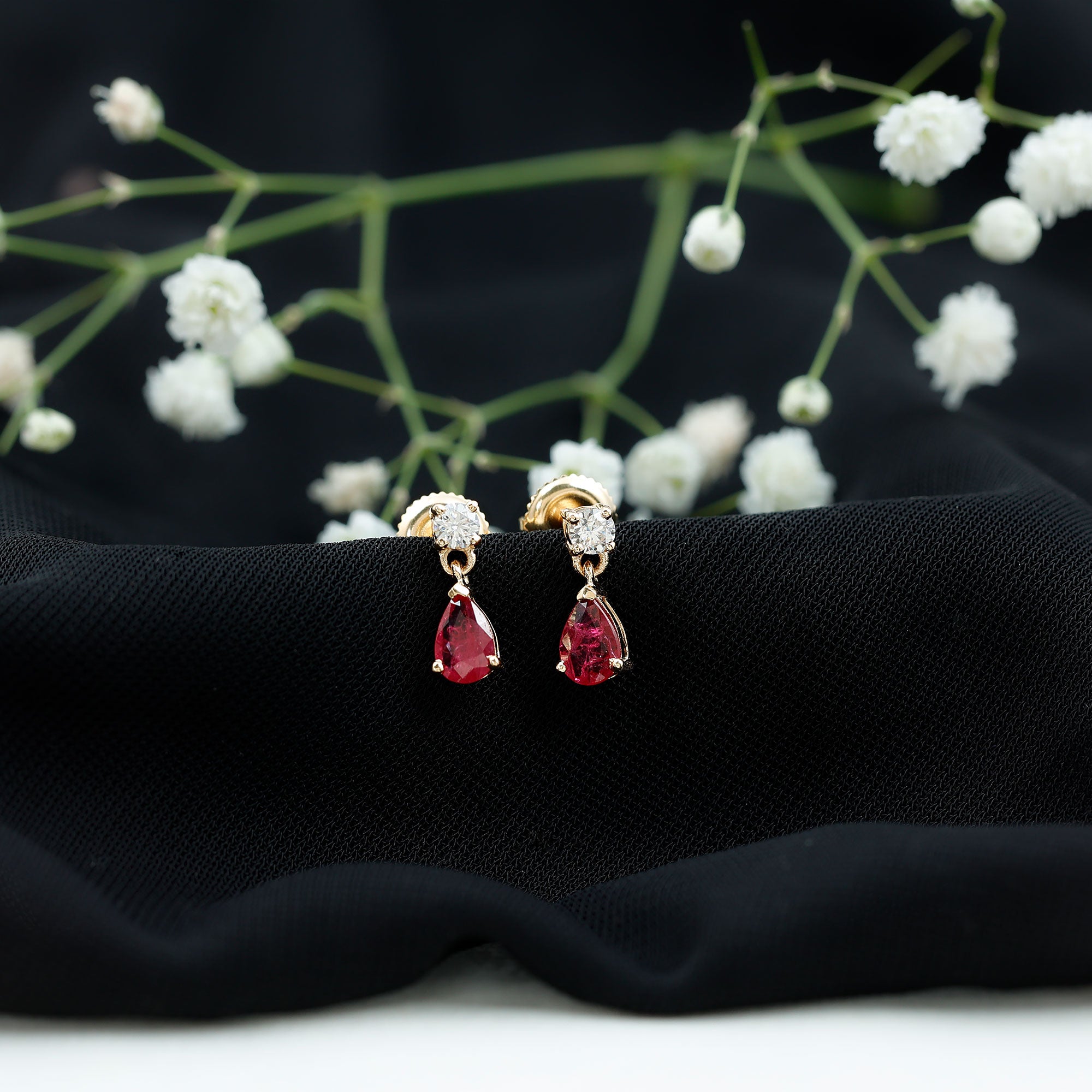 Natural Ruby Teardrop Drop Earrings with Lab Grown Diamond AAA - Rosec Jewels