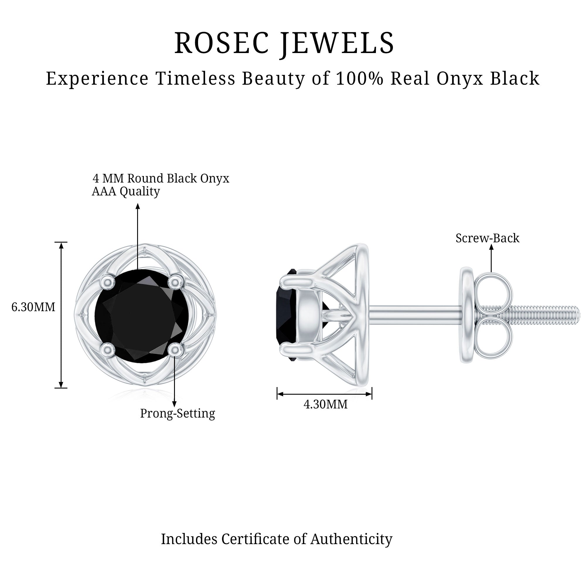 5MM Solitaire Black Onyx Floral Stud Earrings AAA - Rosec Jewels