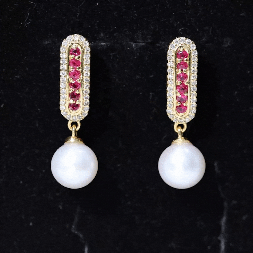 15.50 CT Freshwater Pearl Drop Earrings with Ruby and Moissanite Freshwater Pearl - ( AAA ) - Quality - Rosec Jewels