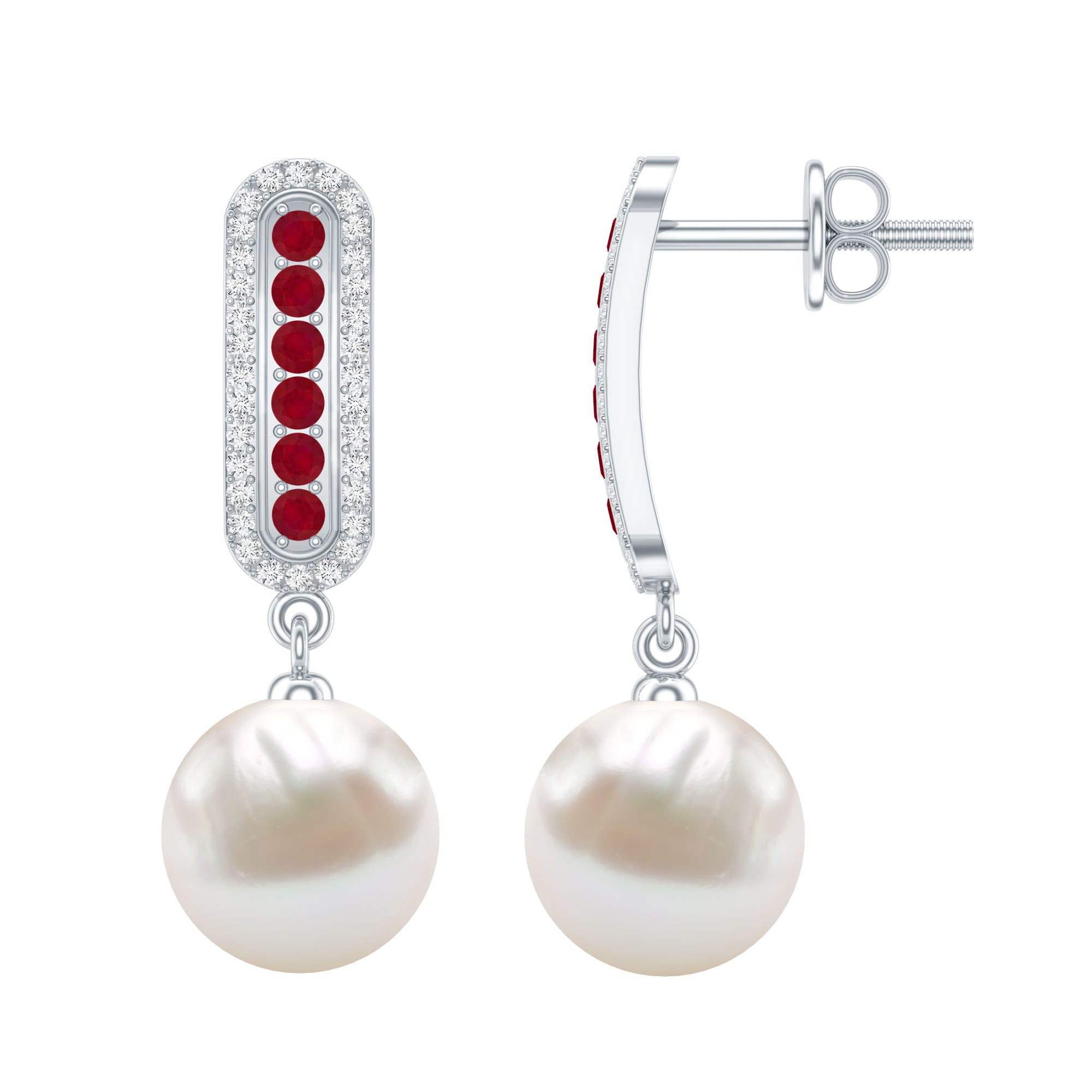Pearl Bridal Earrings with Ruby and Diamond