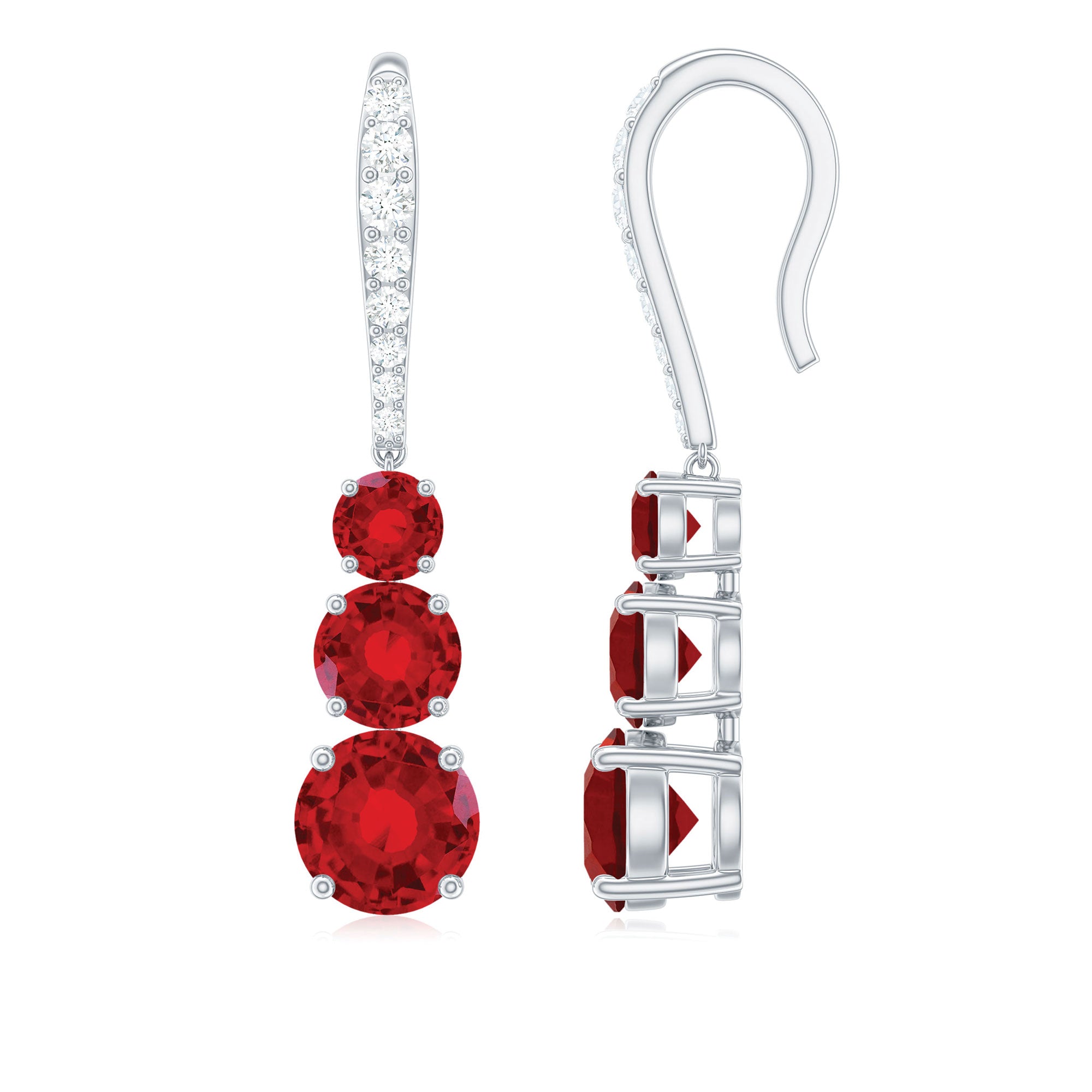 2.50 CT Lab Created Ruby Three Stone Dangle Earrings with Moissanite