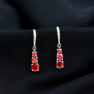 2.50 CT Lab Created Ruby Three Stone Silver Dangle Earrings with Moissanite - Rosec Jewels