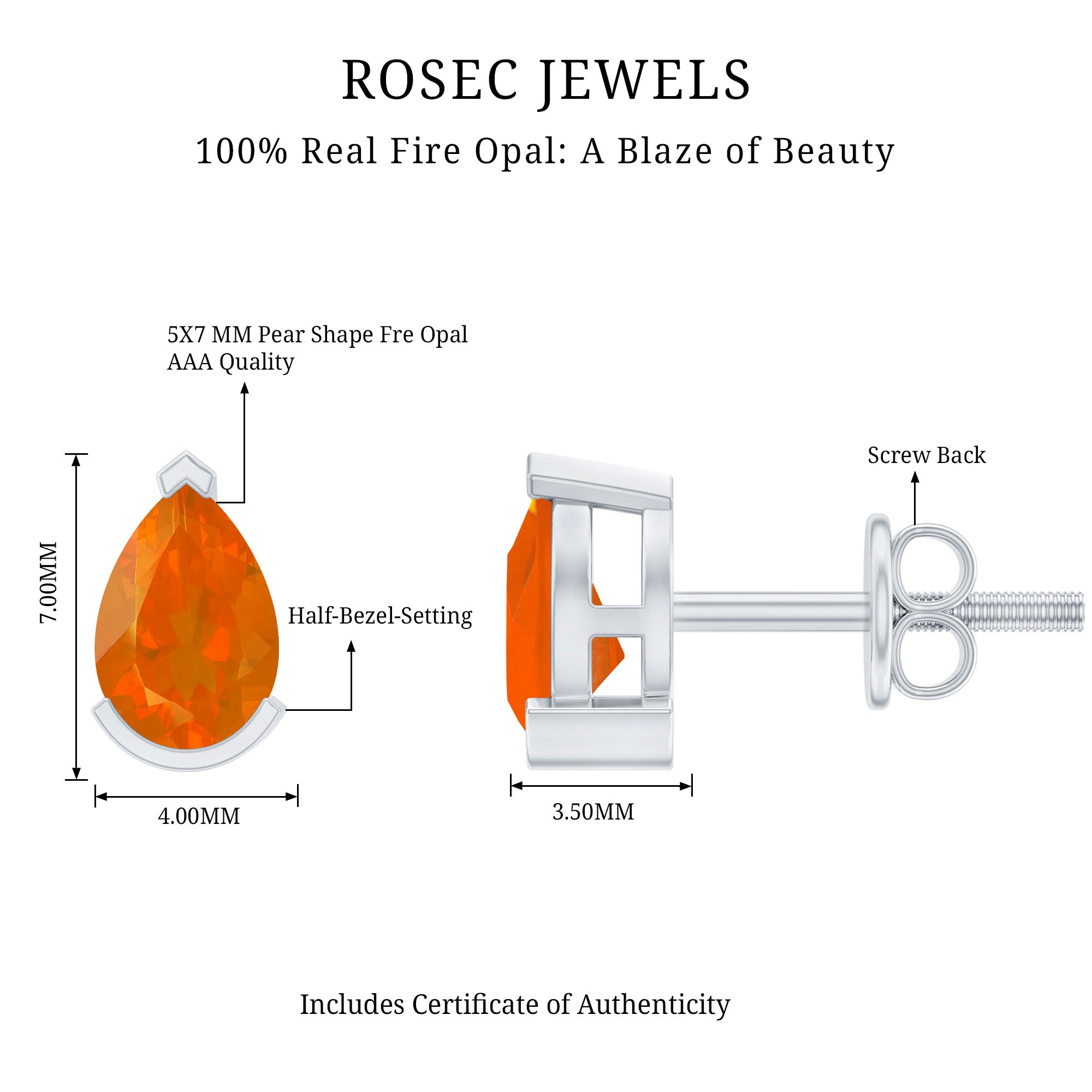 Natural 1 Carat Fire Opal Teardrop Stud Earrings AAA - Rosec Jewels
