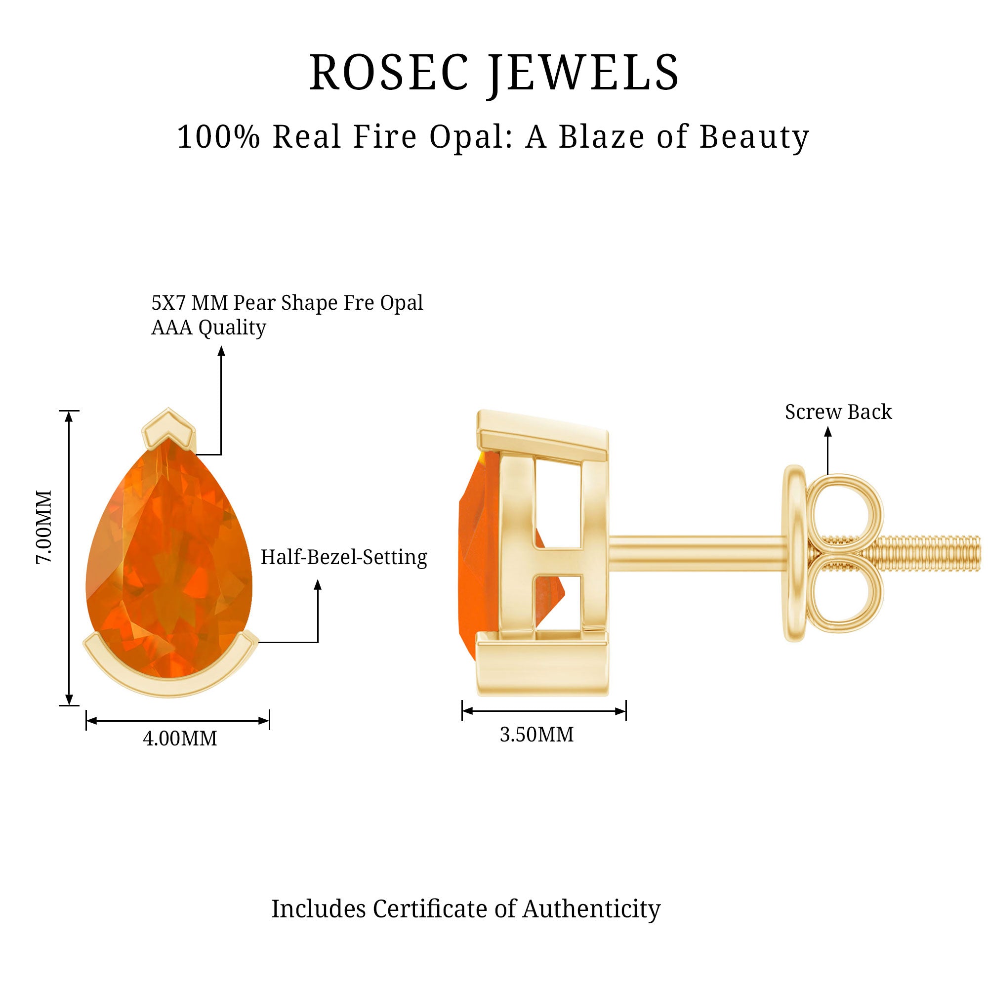 Natural 1 Carat Fire Opal Teardrop Stud Earrings AAA - Rosec Jewels