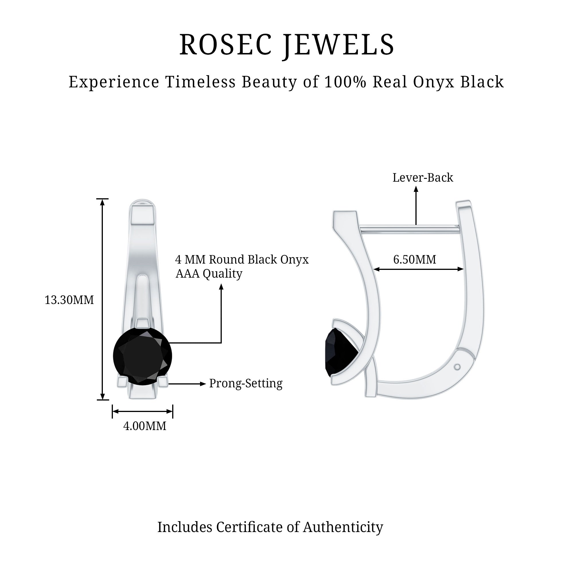 Natural Black Onyx J Hoop Earrings with Latch Back AAA - Rosec Jewels