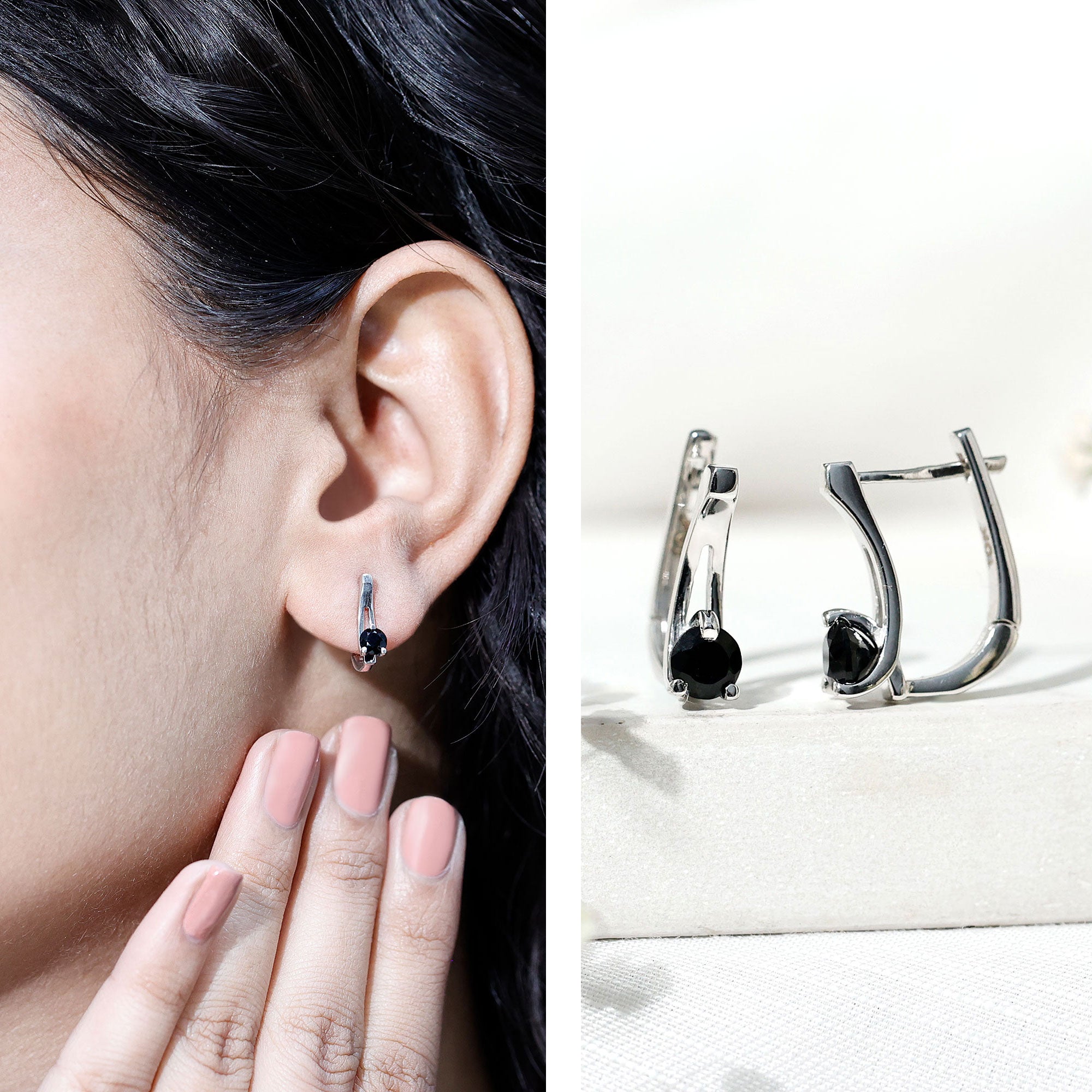 Natural Black Onyx J Hoop Earrings with Latch Back AAA - Rosec Jewels