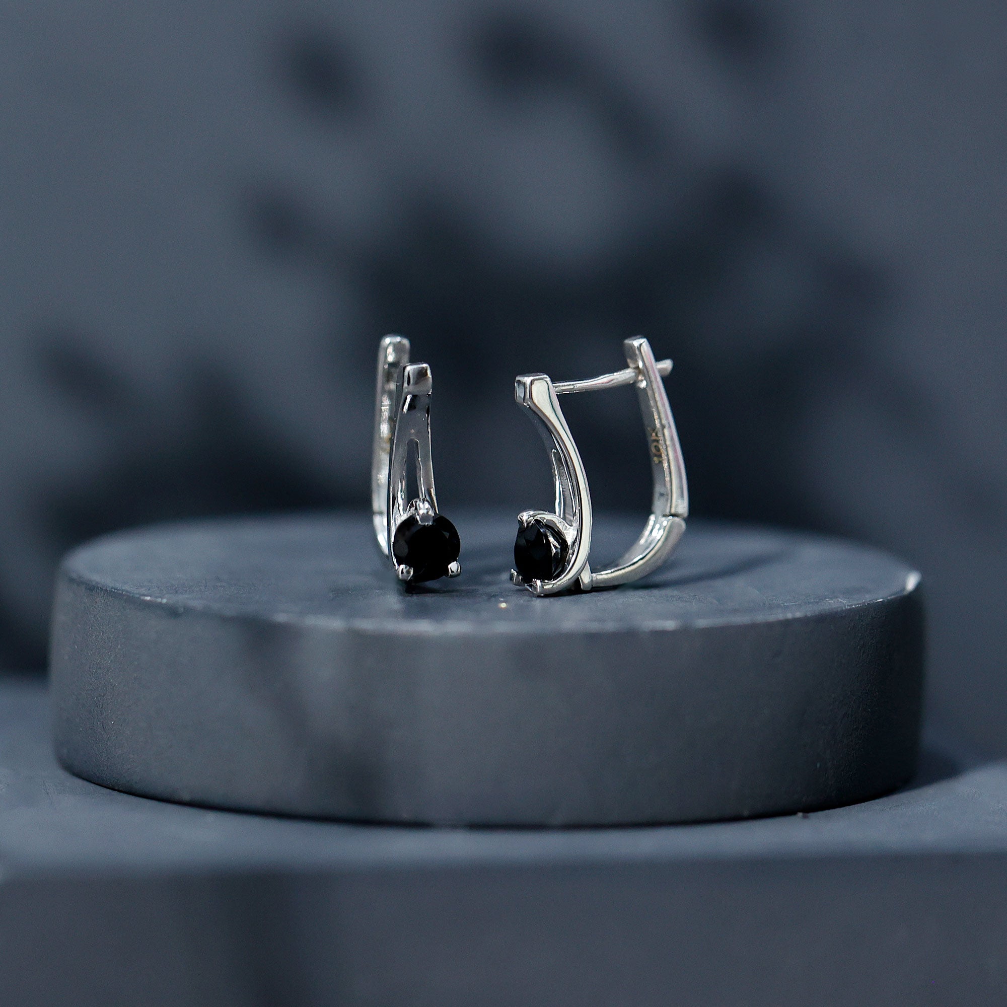 Natural Black Onyx J Hoop Earrings with Latch Back AAA - Rosec Jewels