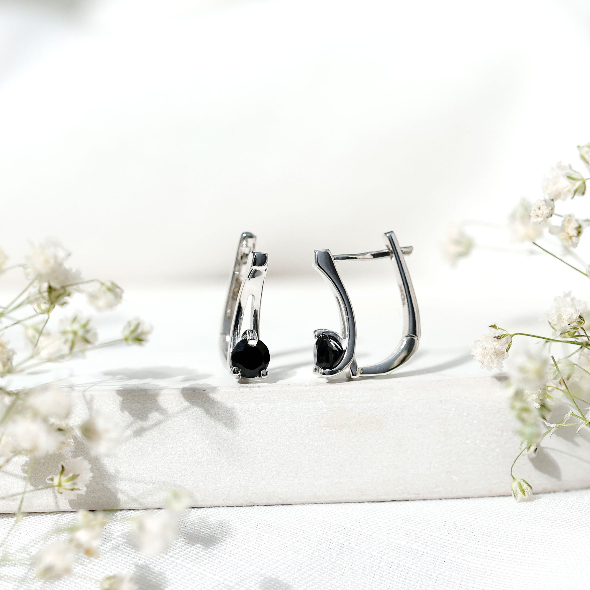 Natural Black Onyx J Hoop Earrings with Latch Back AAA - Rosec Jewels