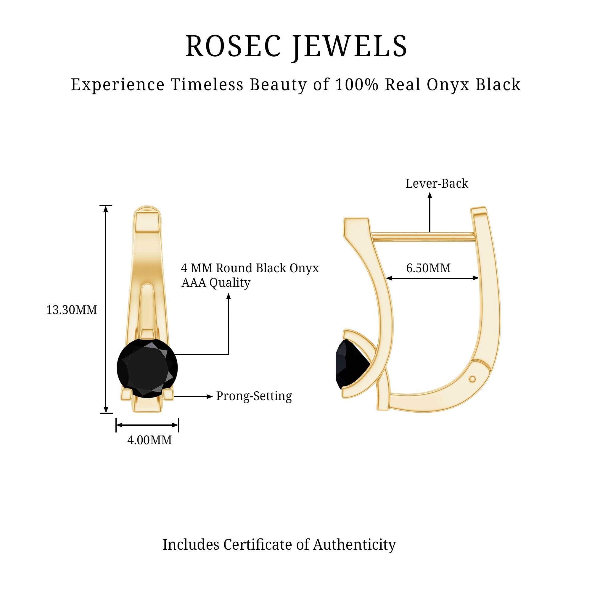 Natural Black Onyx J Hoop Earrings with Latch Back AAA - Rosec Jewels