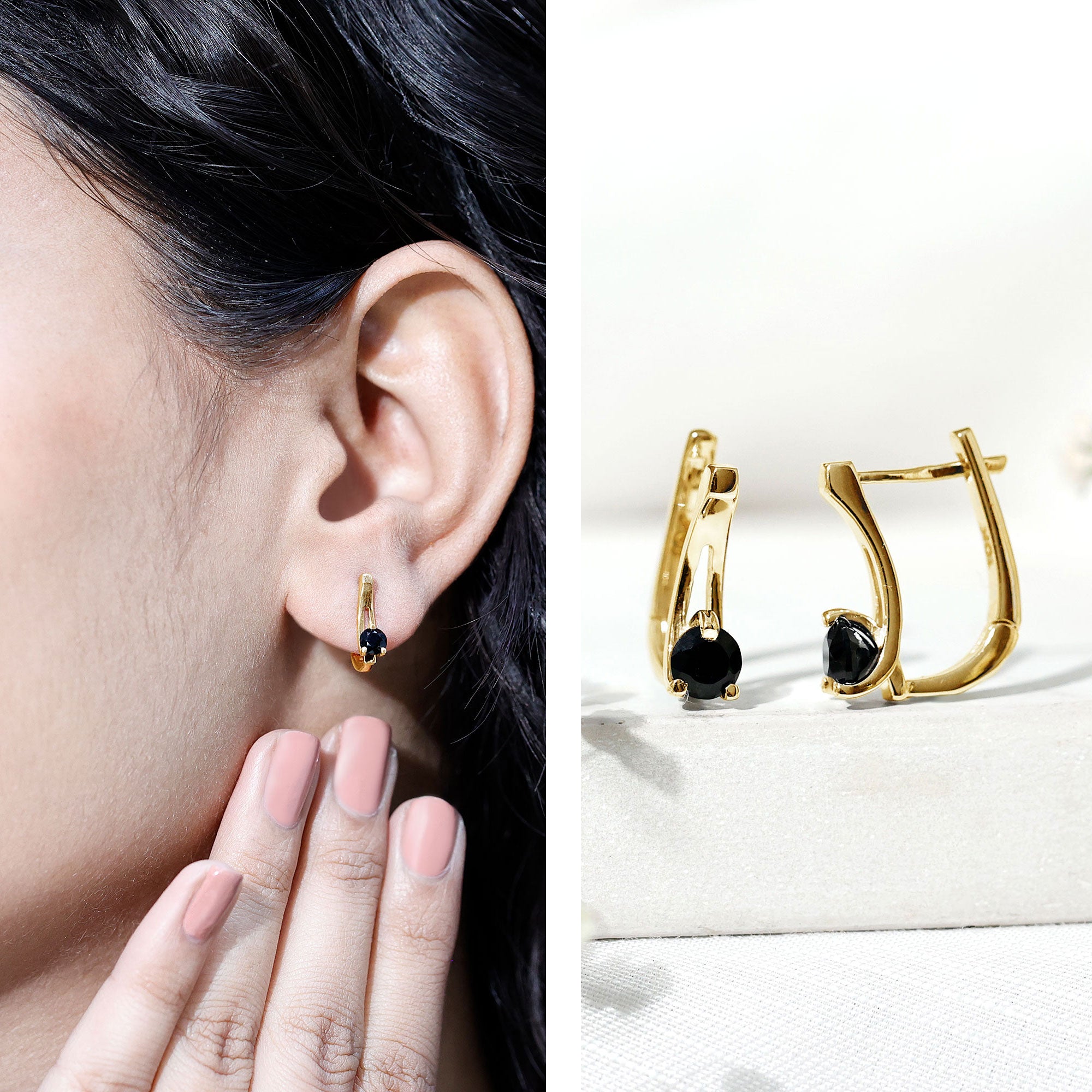Natural Black Onyx J Hoop Earrings with Latch Back AAA - Rosec Jewels