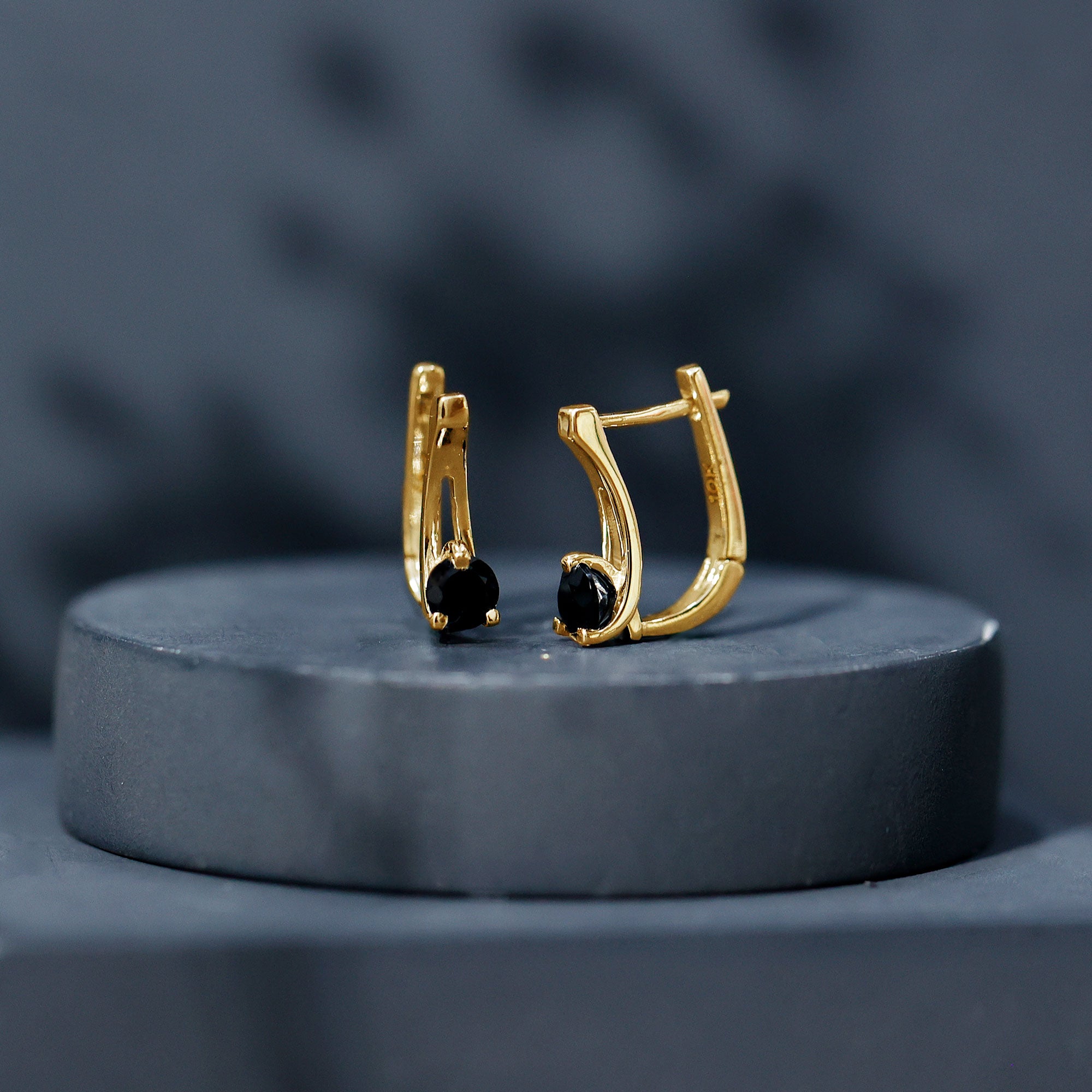 Natural Black Onyx J Hoop Earrings with Latch Back AAA - Rosec Jewels