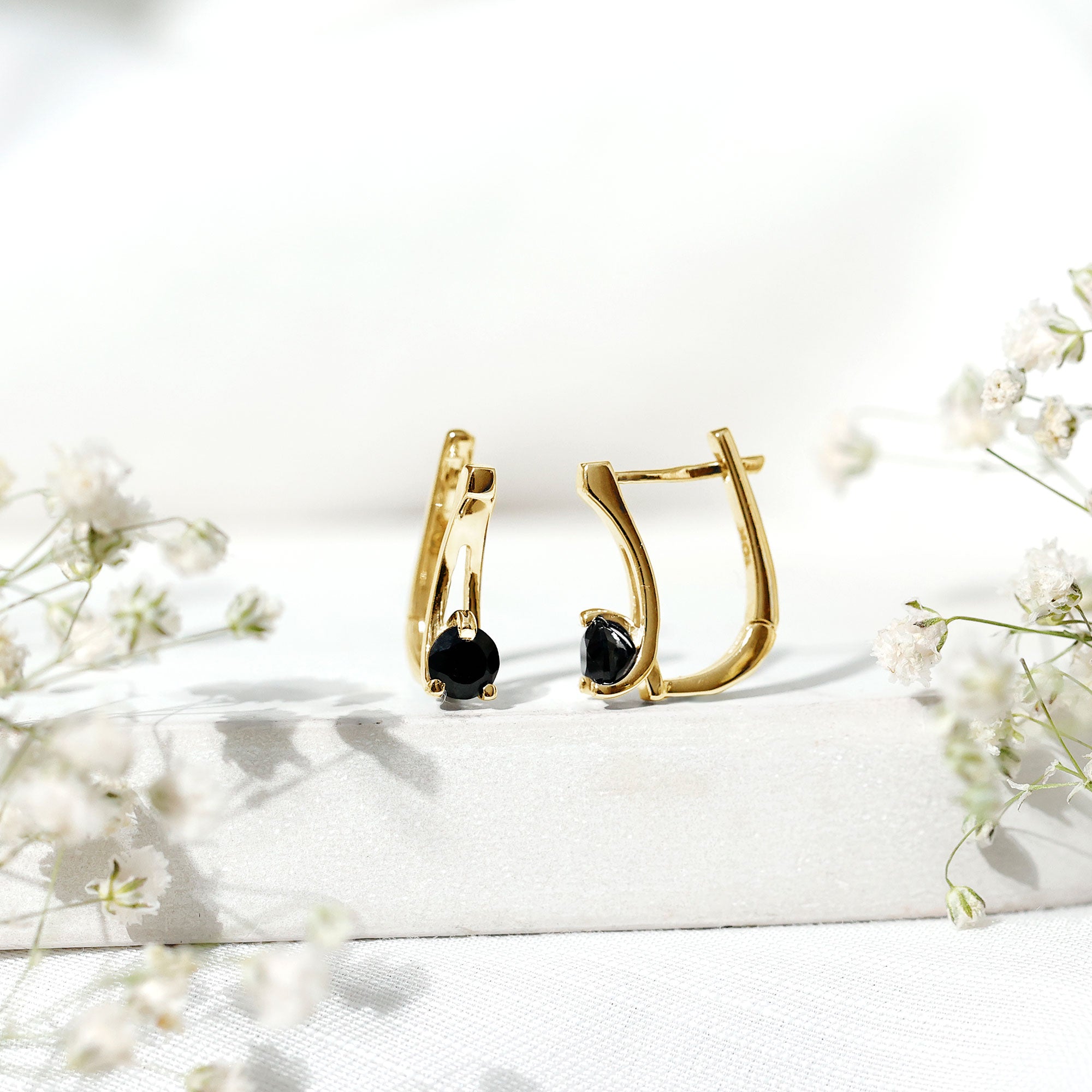 Natural Black Onyx J Hoop Earrings with Latch Back AAA - Rosec Jewels