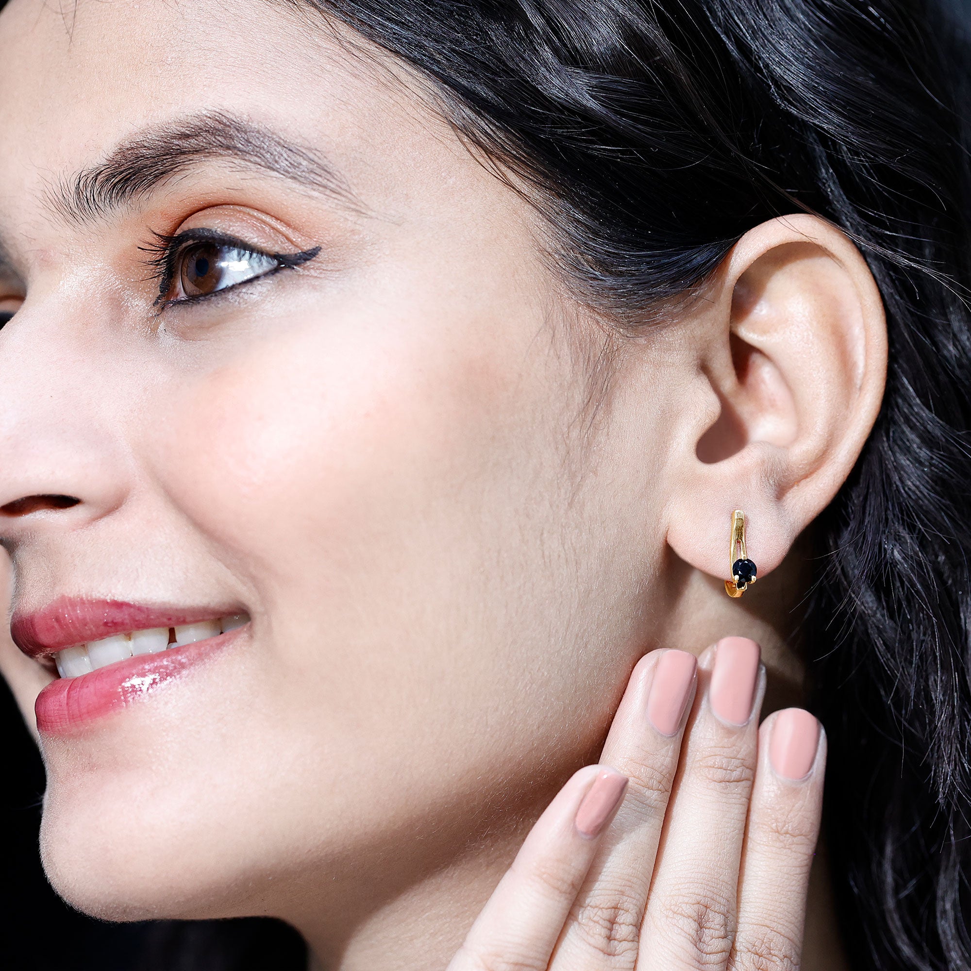 Natural Black Onyx J Hoop Earrings with Latch Back AAA - Rosec Jewels