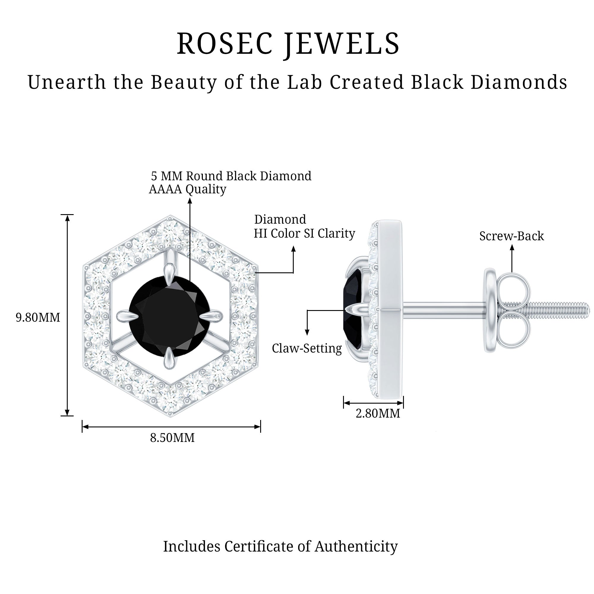 Lab Created Black Diamond and Diamond Geometric Stud Earrings AAAA ( Synthetic ) - Rosec Jewels