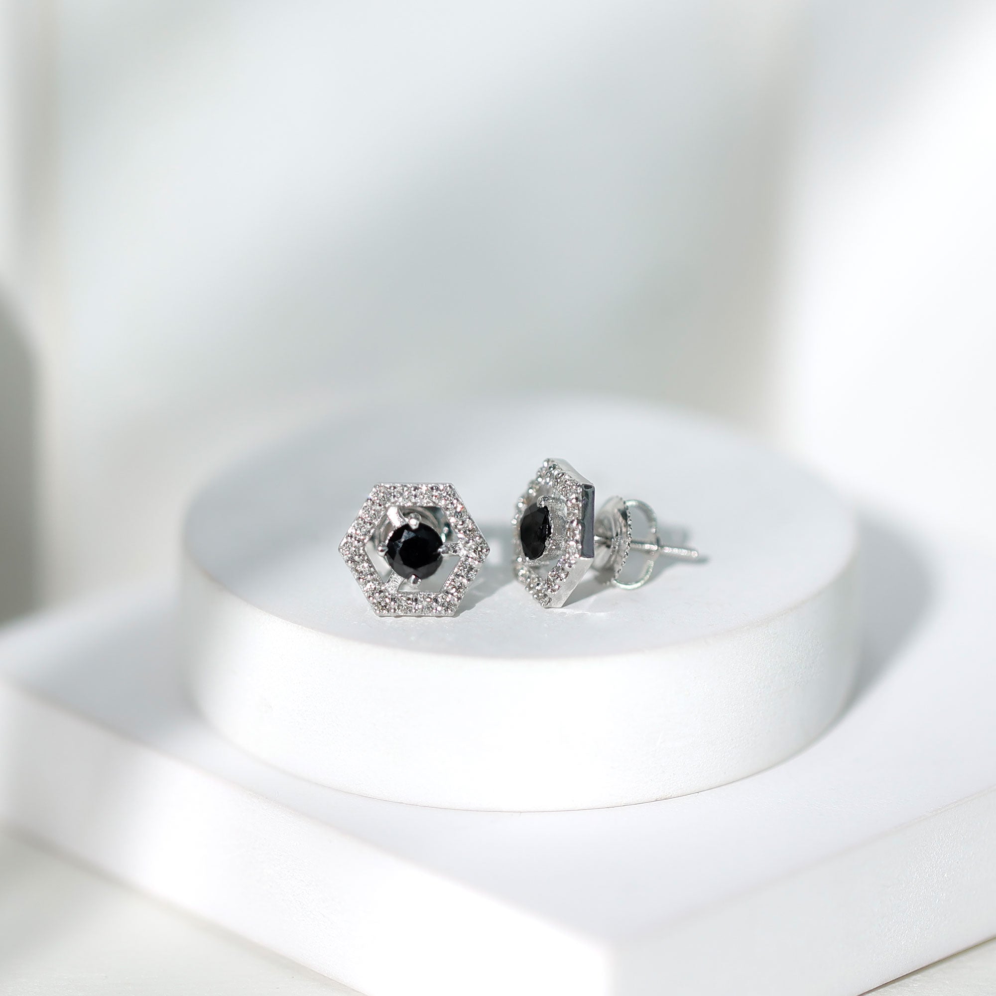 Lab Created Black Diamond and Diamond Geometric Stud Earrings AAAA ( Synthetic ) - Rosec Jewels