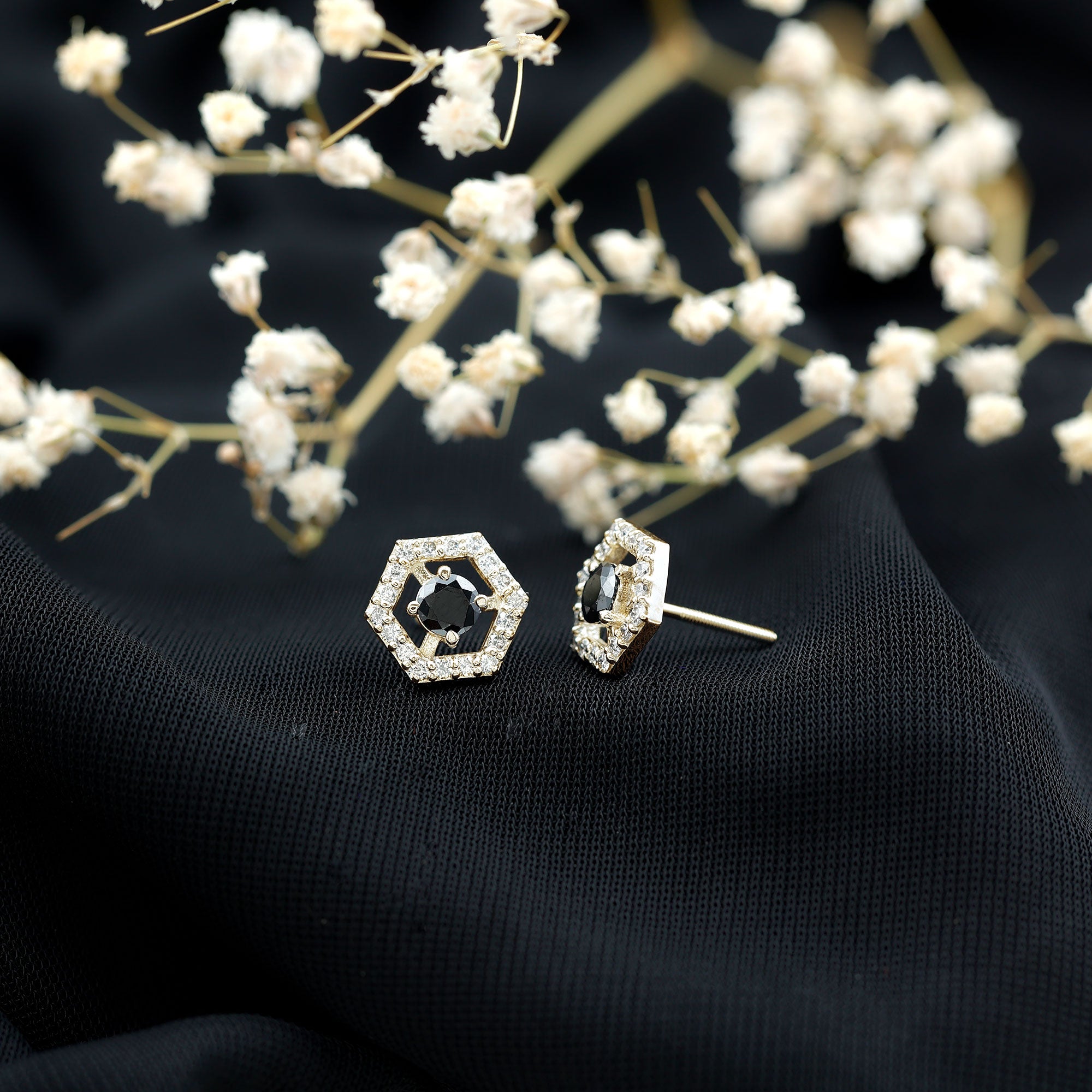 Lab Created Black Diamond and Diamond Geometric Stud Earrings AAAA ( Synthetic ) - Rosec Jewels