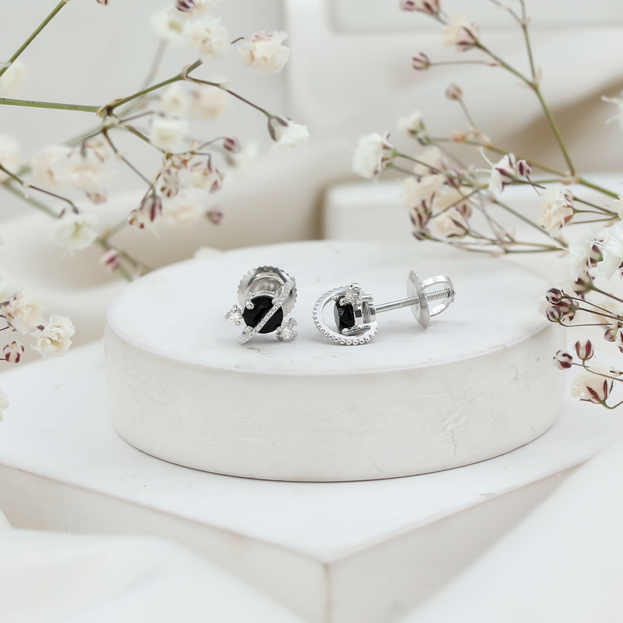 Black Spinel Celestial Stud Earrings with Diamond Stones AAA - Rosec Jewels