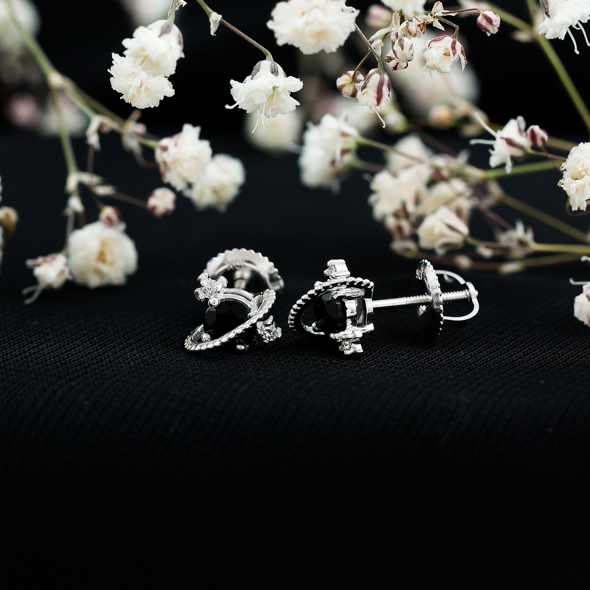 Black Spinel Celestial Stud Earrings with Diamond Stones AAA - Rosec Jewels