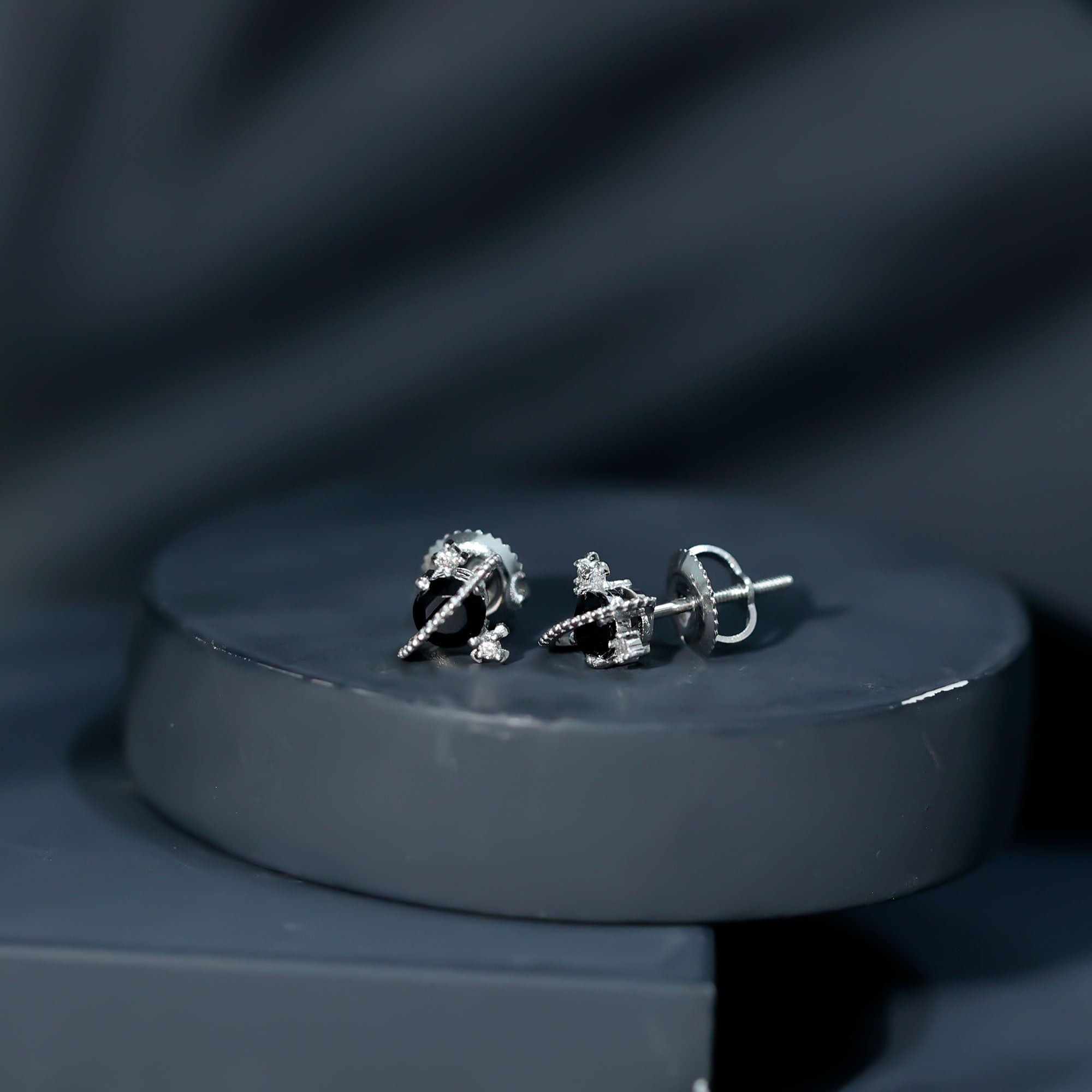 Black Spinel Celestial Stud Earrings with Diamond Stones AAA - Rosec Jewels