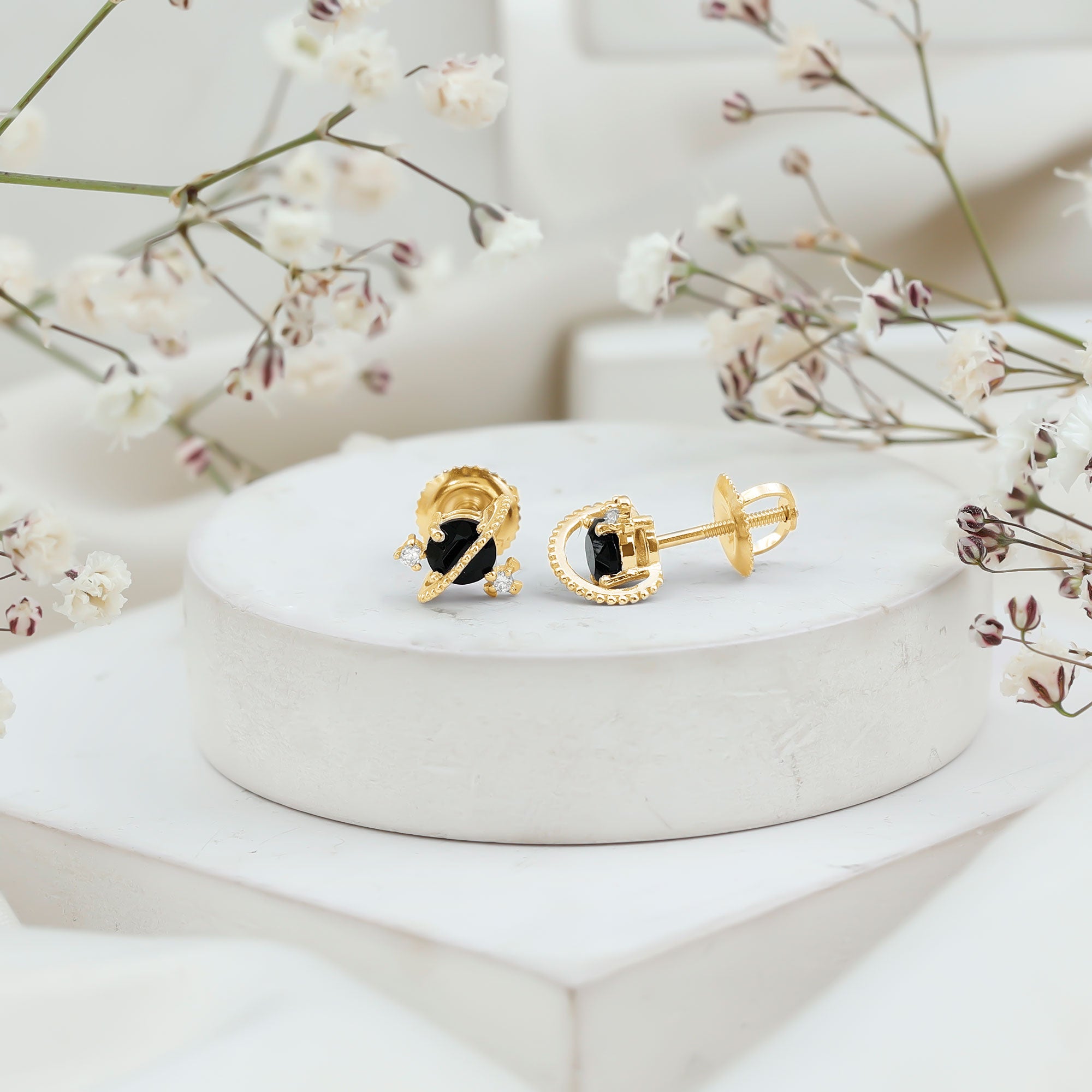 Black Spinel Celestial Stud Earrings with Diamond Stones AAA - Rosec Jewels