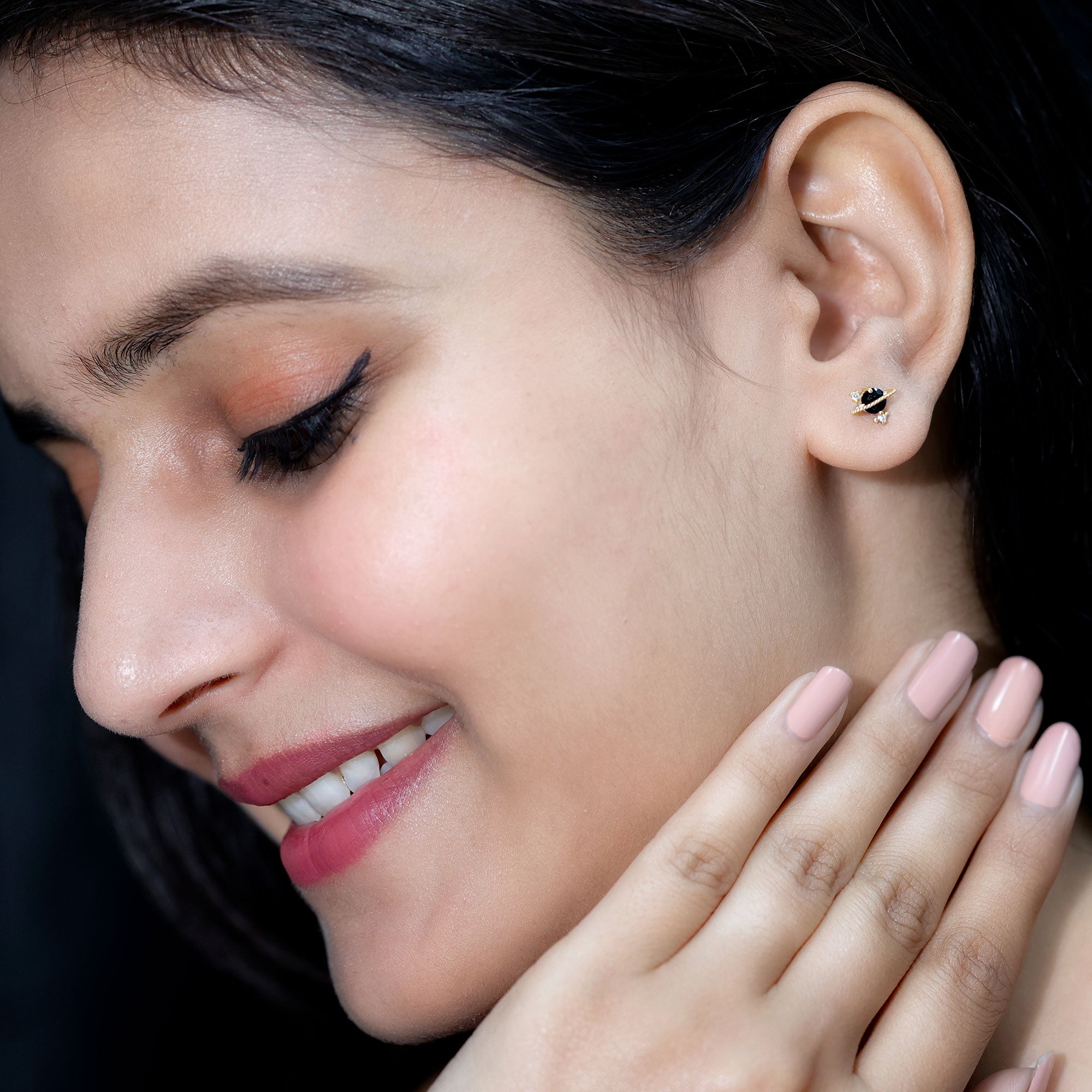 Black Spinel Celestial Stud Earrings with Diamond Stones AAA - Rosec Jewels