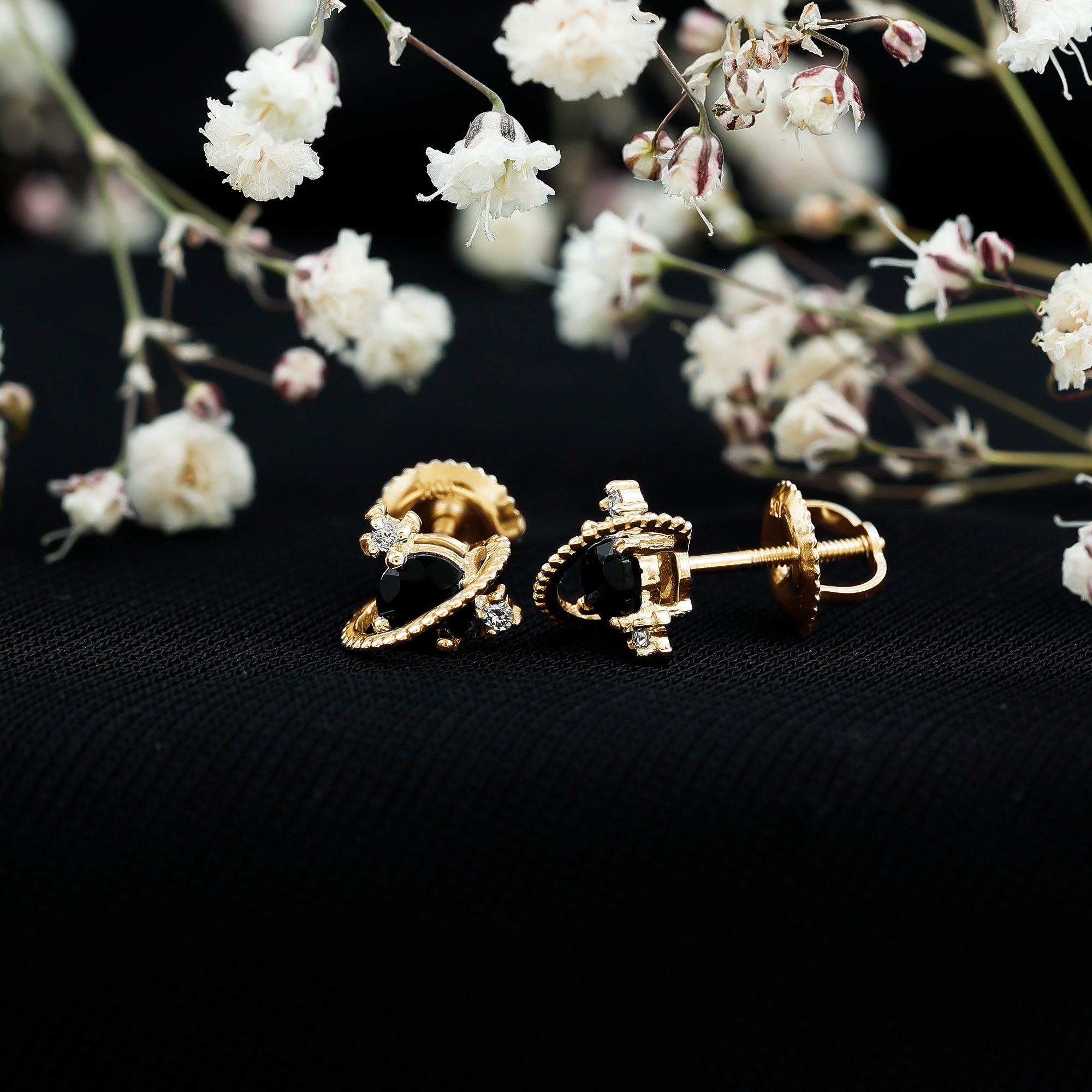 Black Spinel Celestial Stud Earrings with Diamond Stones AAA - Rosec Jewels