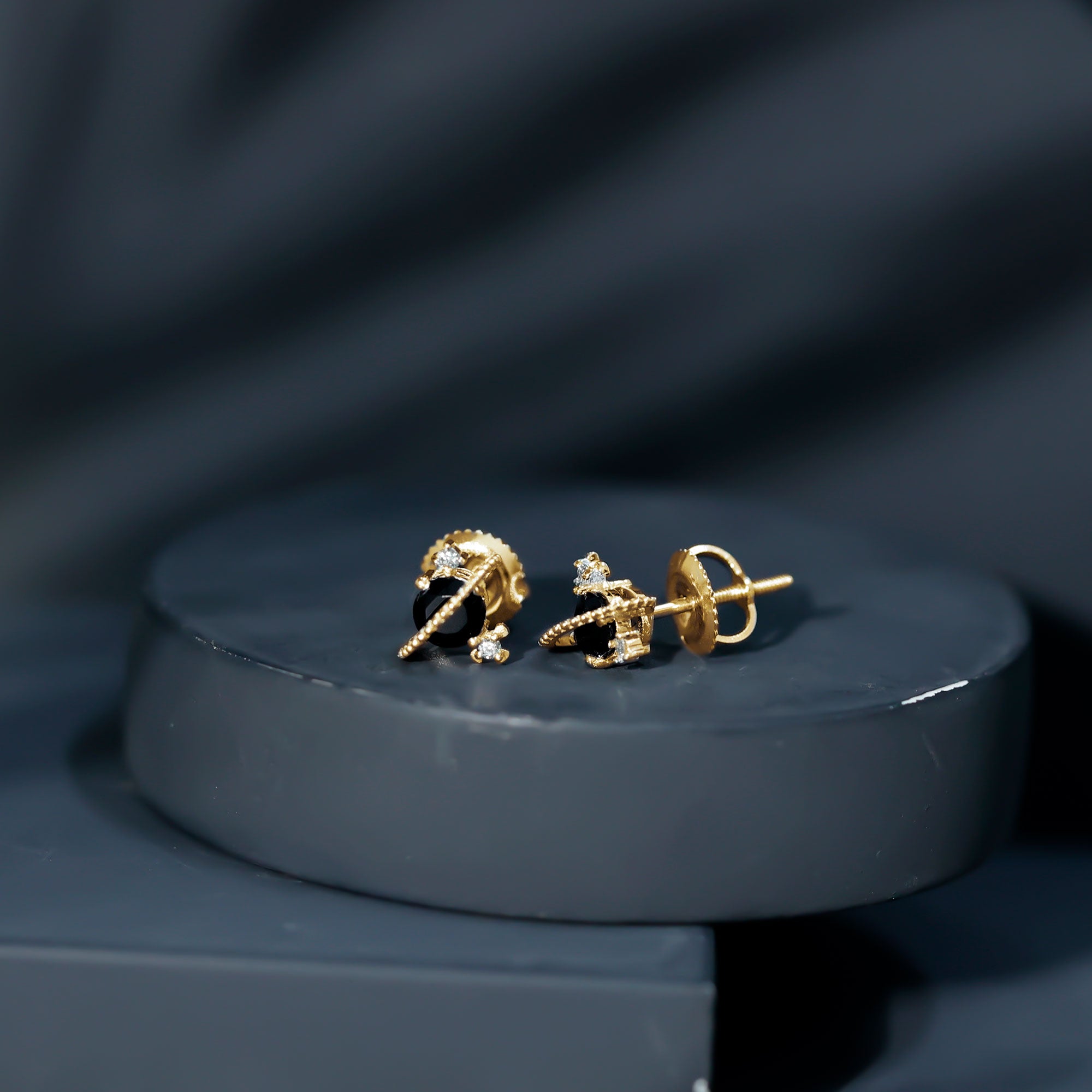 Black Spinel Celestial Stud Earrings with Diamond Stones AAA - Rosec Jewels