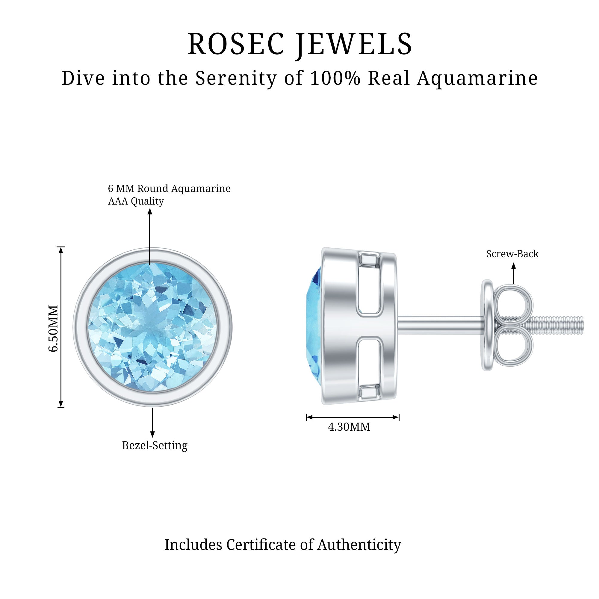 Natural 1.6 Carat Aquamarine Stud Earrings in Bezel Setting AAA - Rosec Jewels