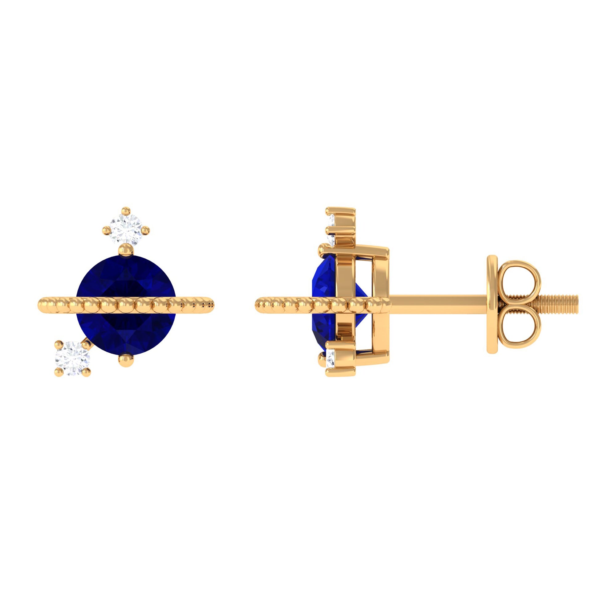 Natural 0.8 Carat Blue Sapphire and Diamond Contemporary Stud Earrings AAA - Rosec Jewels