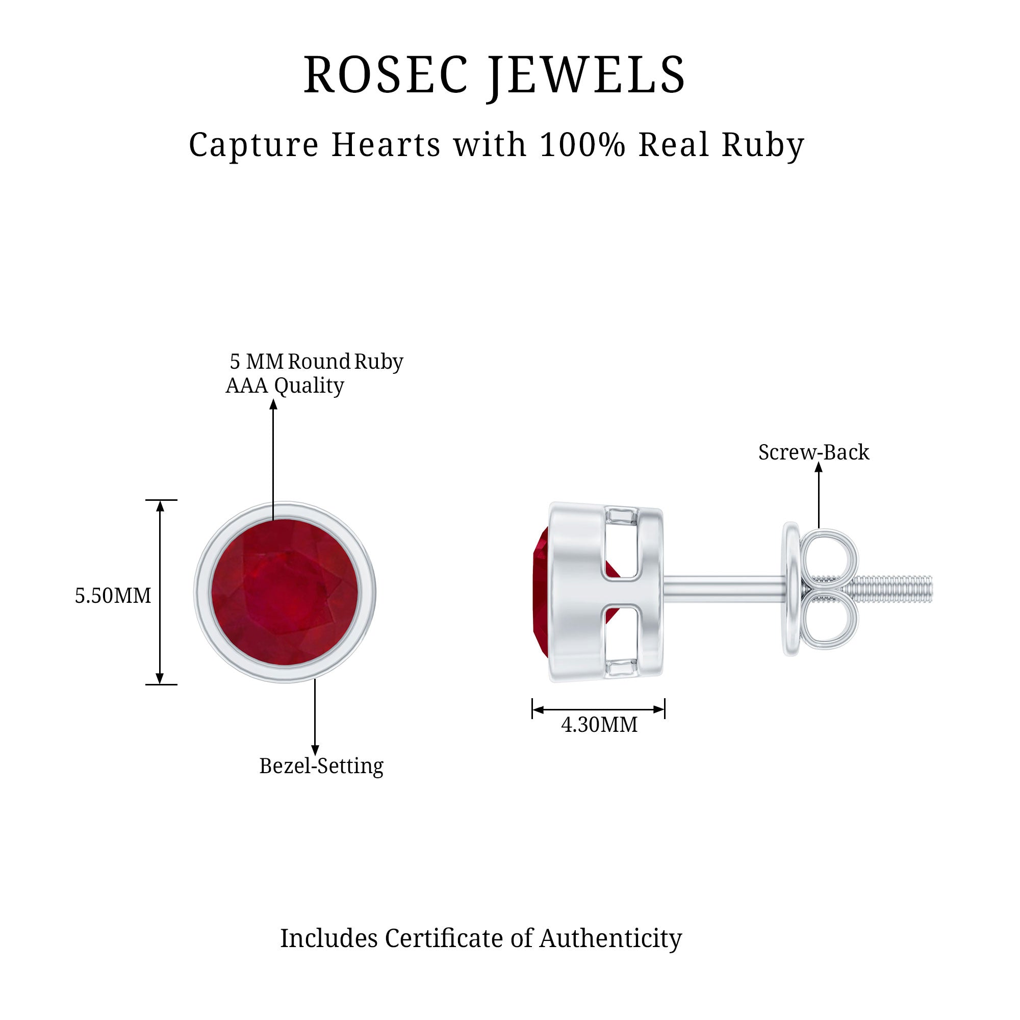 1.3 Carat Bezel Set Genuine Ruby Solitaire Stud Earrings AAA - Rosec Jewels