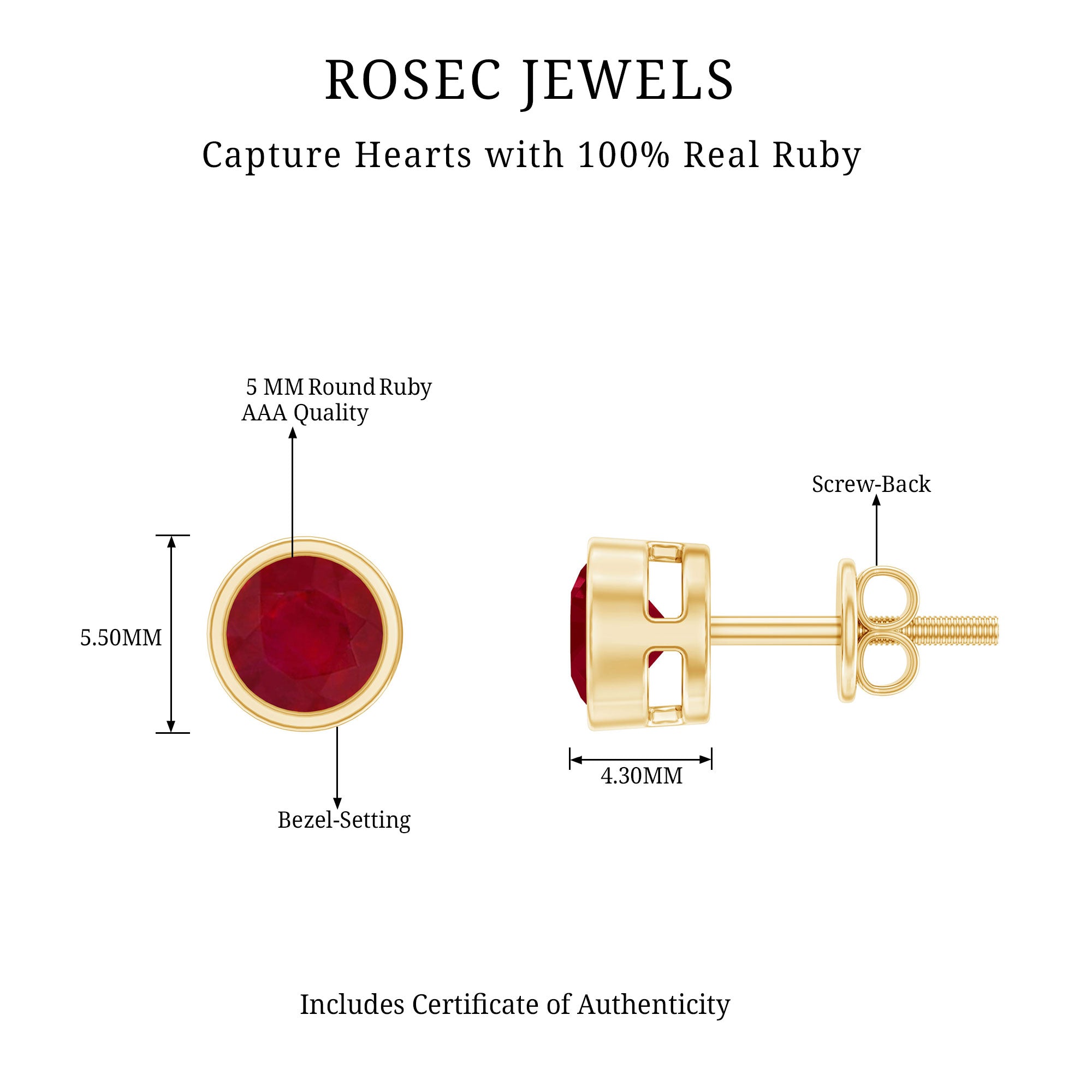 1.3 Carat Bezel Set Genuine Ruby Solitaire Stud Earrings AAA - Rosec Jewels