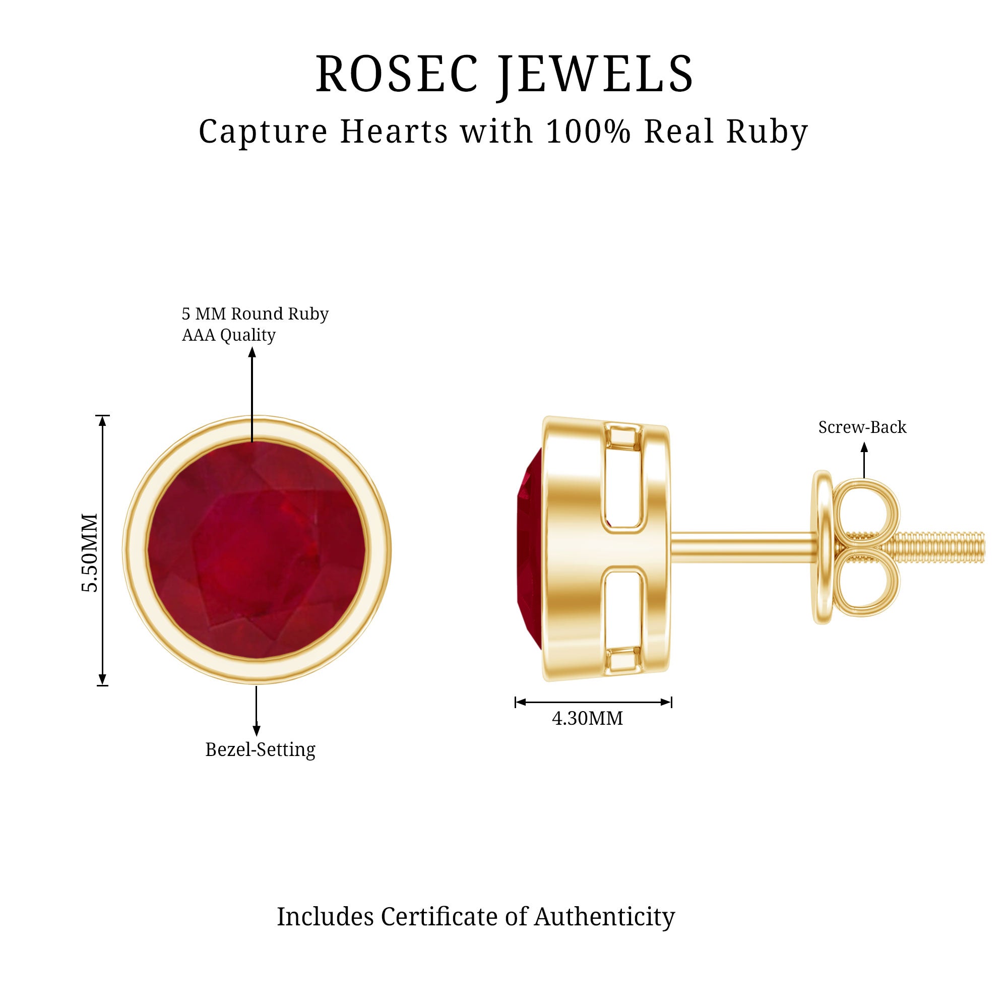 1.3 Carat Bezel Set Genuine Ruby Solitaire Stud Earrings AAA - Rosec Jewels