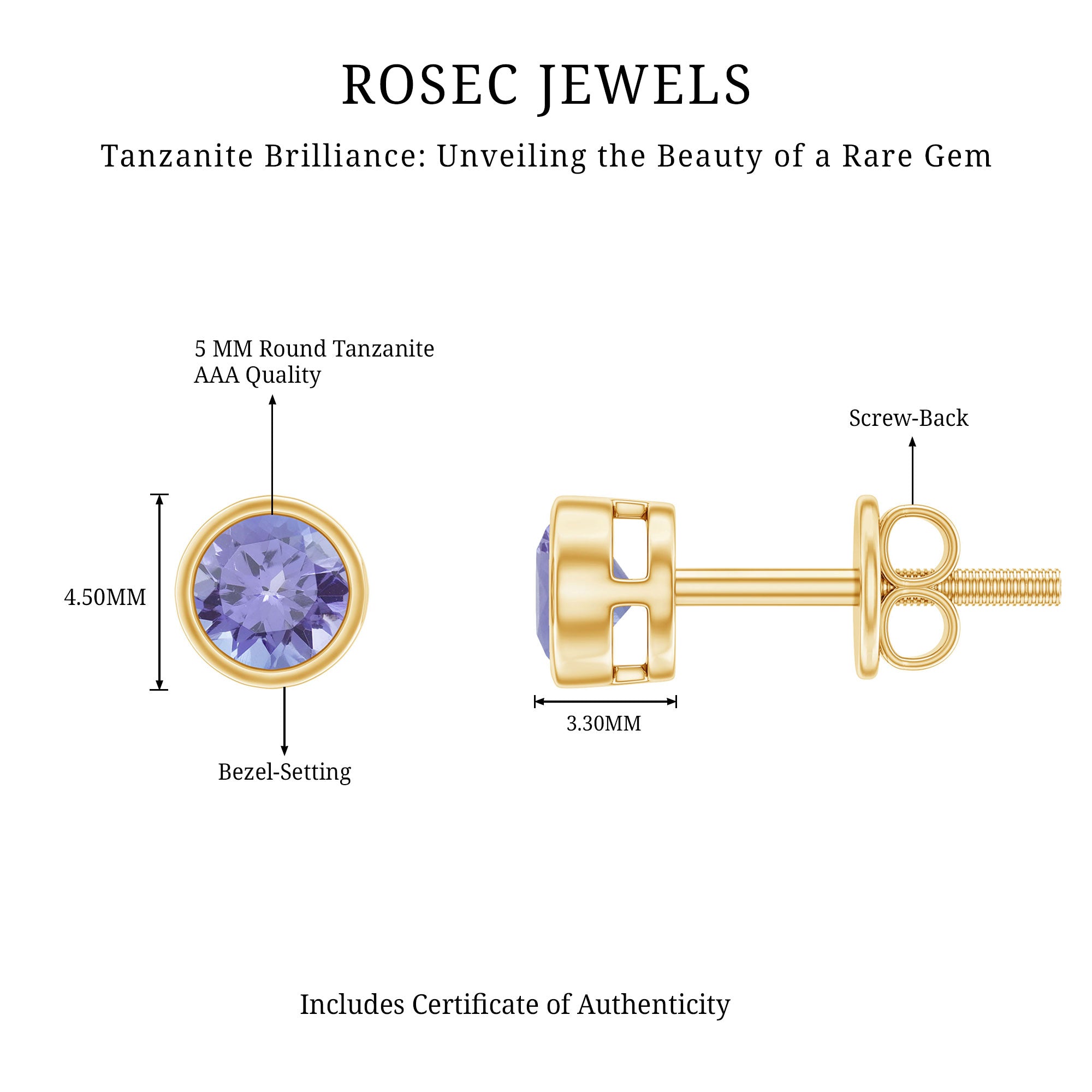 Natural 1 Carat Blue Tanzanite Solitaire Stud Earrings in Bezel Setting AAA - Rosec Jewels