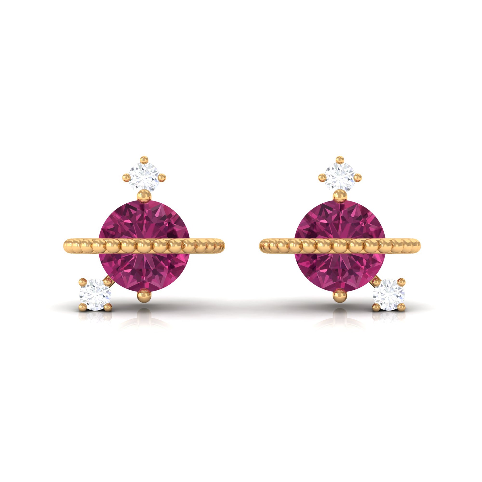 Pink Tourmaline Celestial Stud Earrings with Diamond Pink Tourmaline - ( AAA ) - Quality - Rosec Jewels