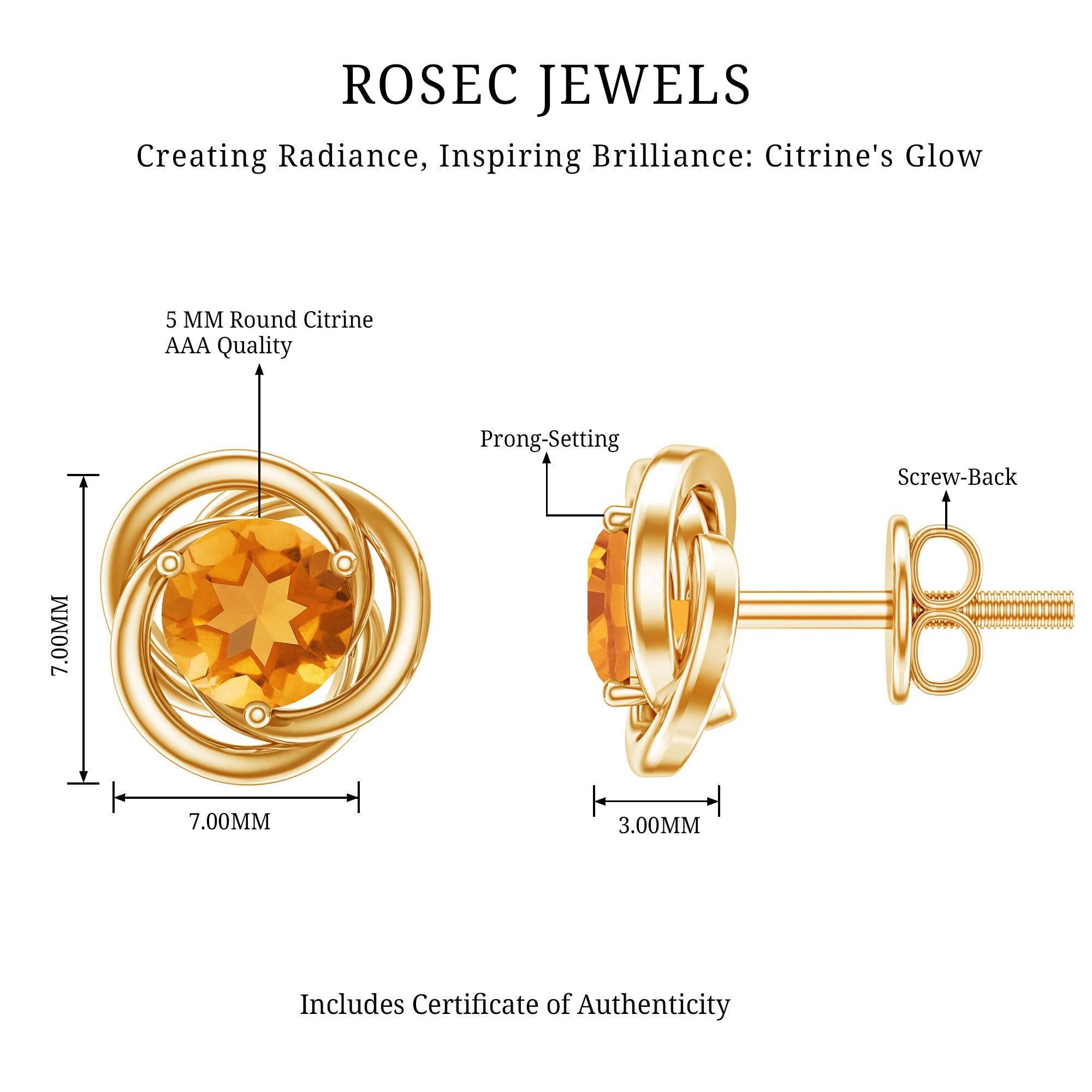 Solitaire 1 Carat Citrine Swirl Stud Earrings in 3 Prong Setting AAA - Rosec Jewels