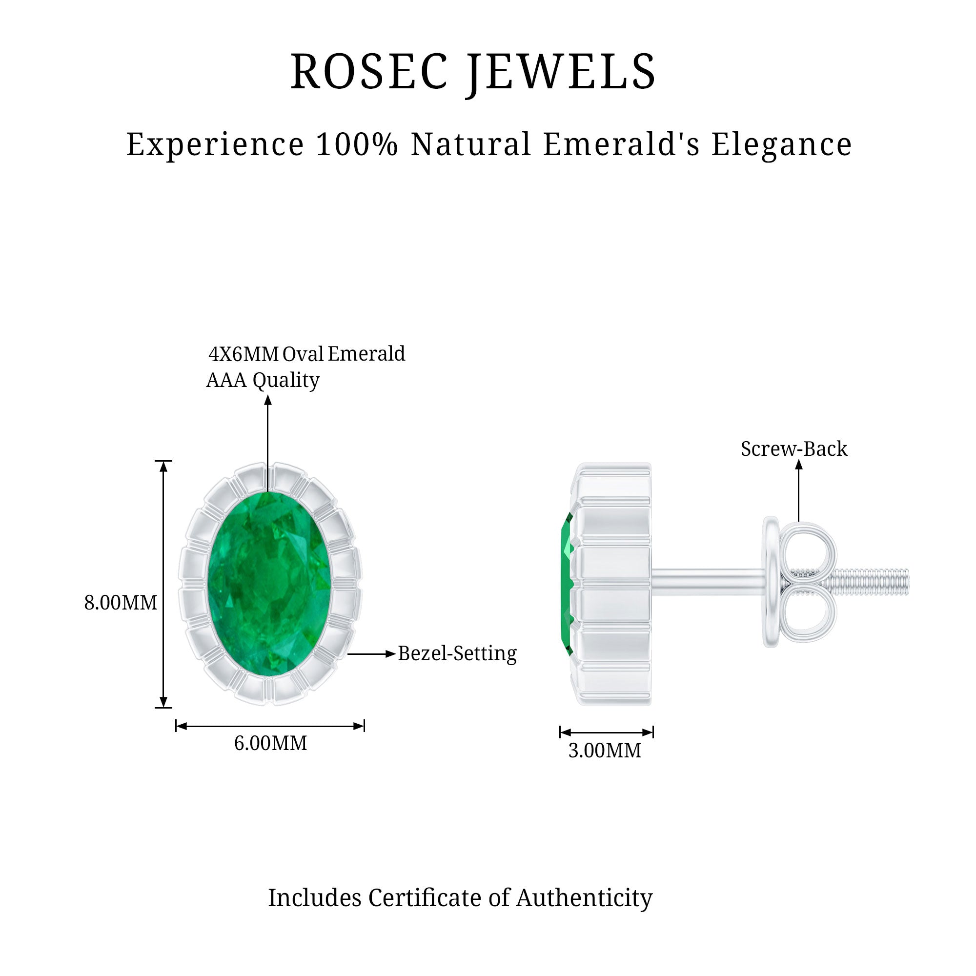 1 Carat Oval Emerald Solitaire Stud Earrings in Bezel Setting AAA - Rosec Jewels