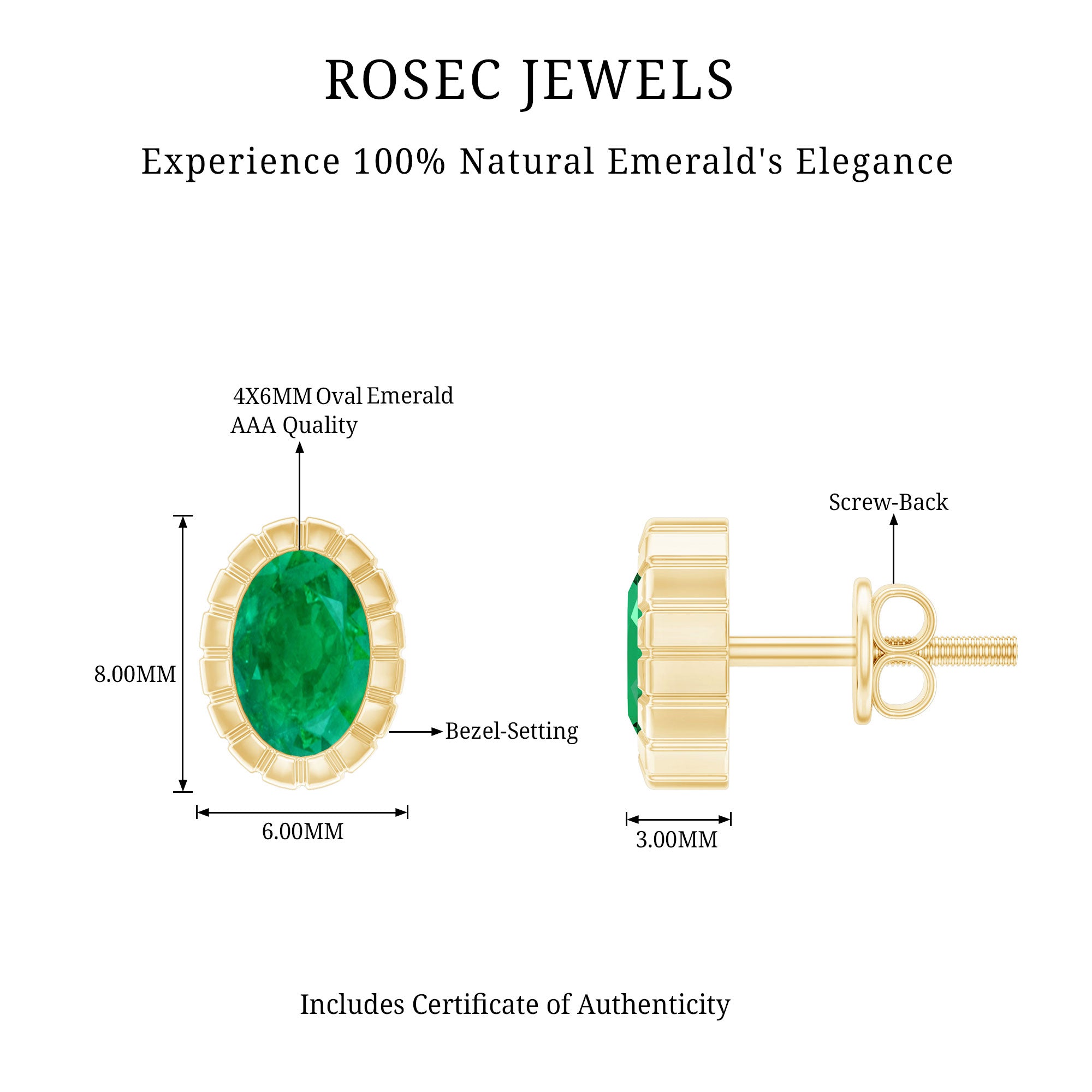 1 Carat Oval Emerald Solitaire Stud Earrings in Bezel Setting AAA - Rosec Jewels