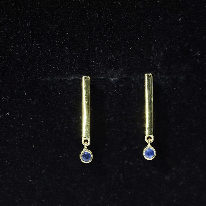Round Shape Blue Sapphire and Gold Bar Drop Earrings for Women Blue Sapphire - ( AAA ) - Quality - Rosec Jewels